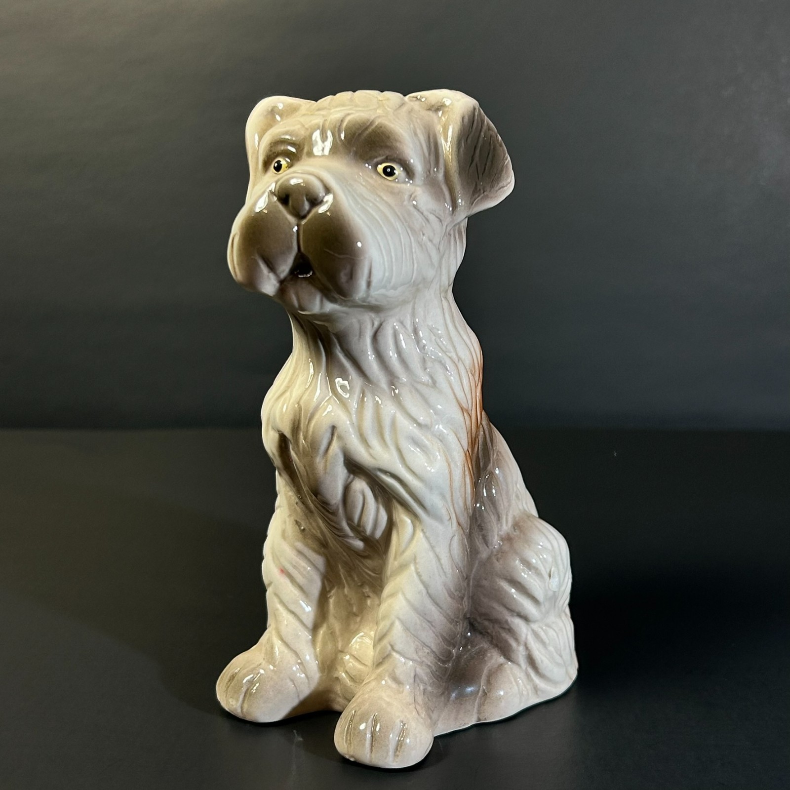 Vintage Glazed Ceramic Schnauzer Puppy Dog Figurine Beige Brown 6.25″