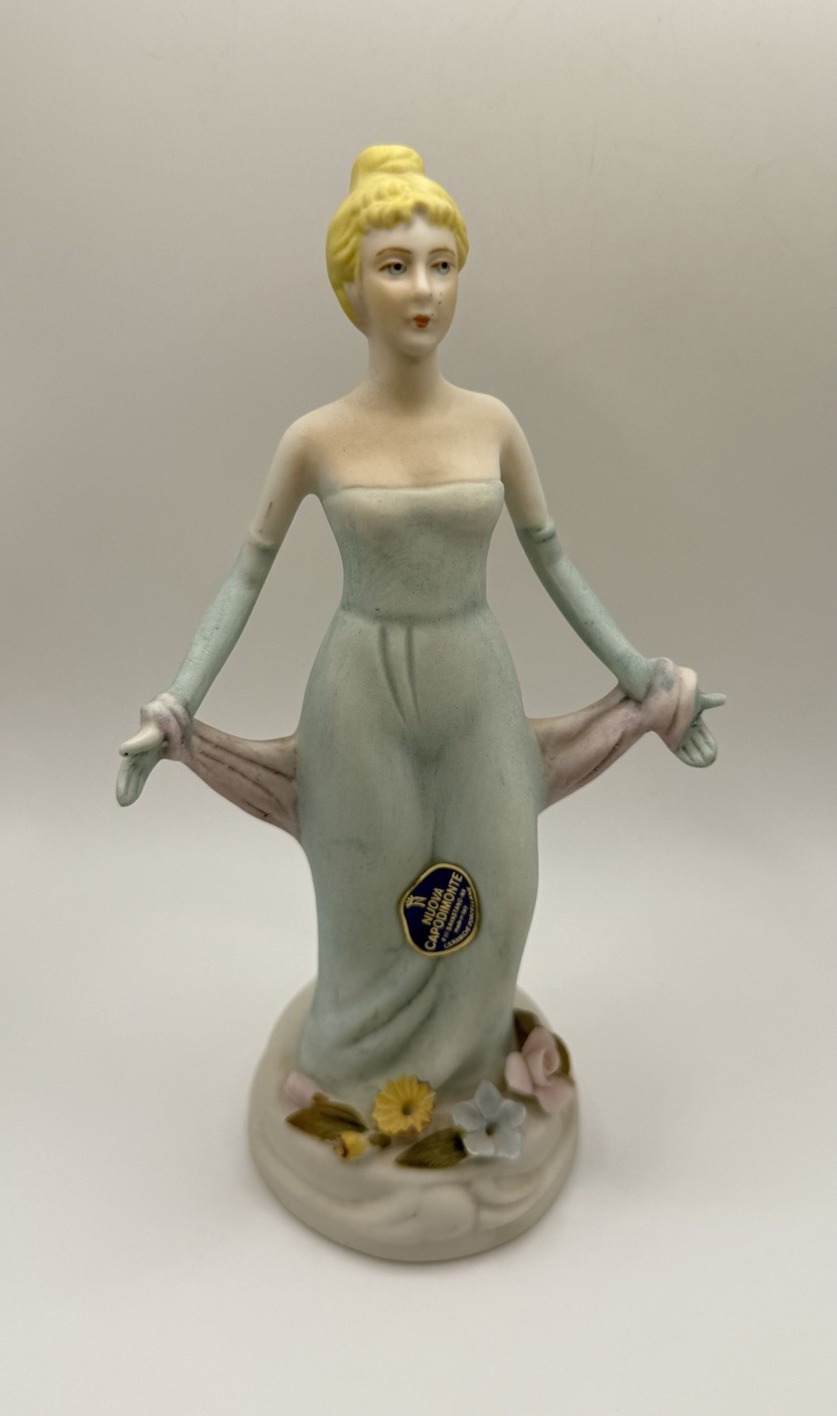 Capodimonte Porcelain Hand Painted Woman Figurine Flowers Matte Finish Blue Pink