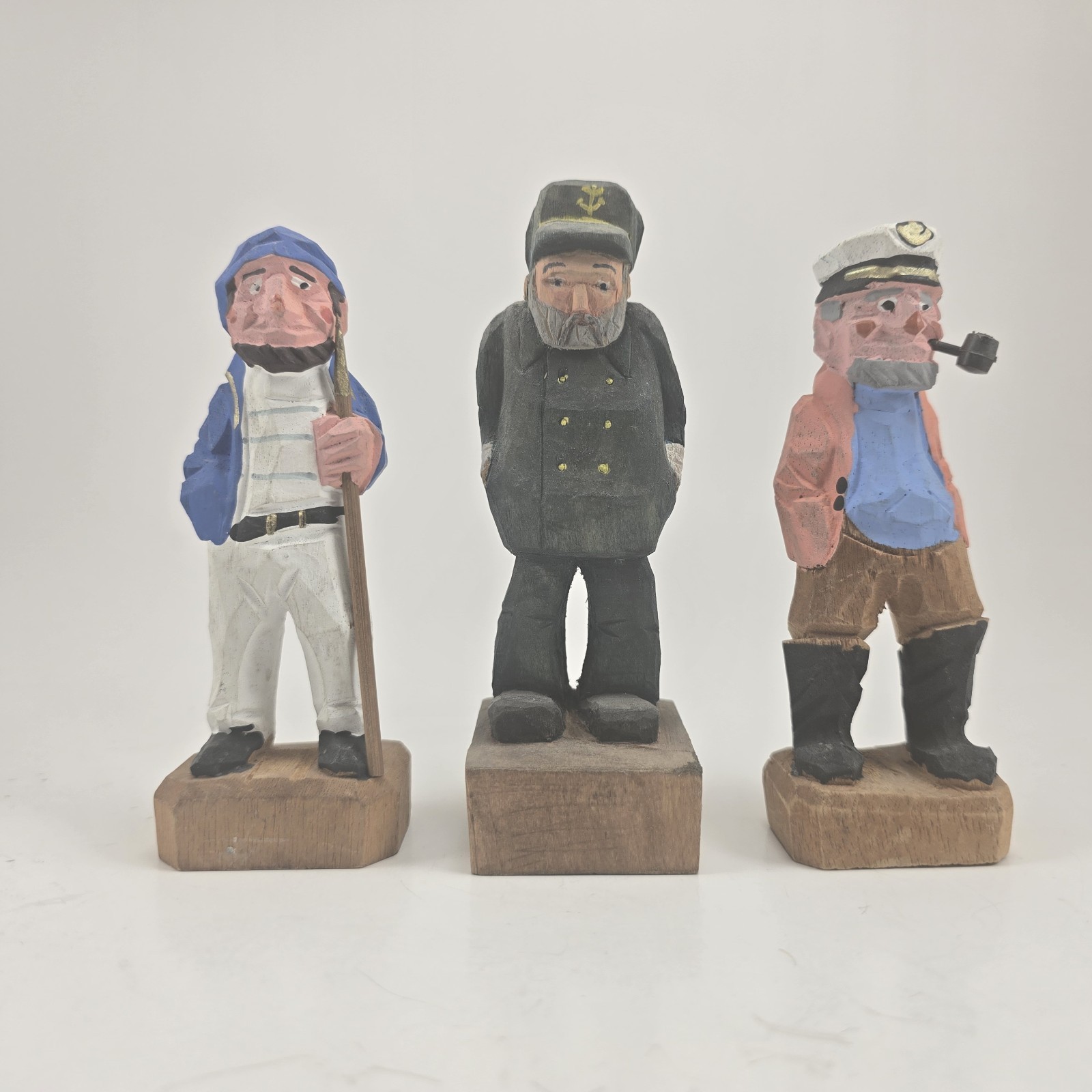 Folk Art Wood Carving Three Sailors One W Staff, 1 W Pipe, 1 Hands In Pockets