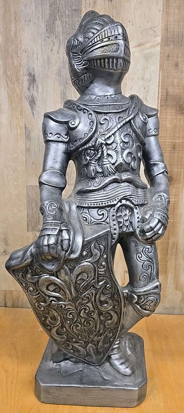25″ Vintage Medieval Knight Chalkware Sculpture Statue Artist Signed Silver Old