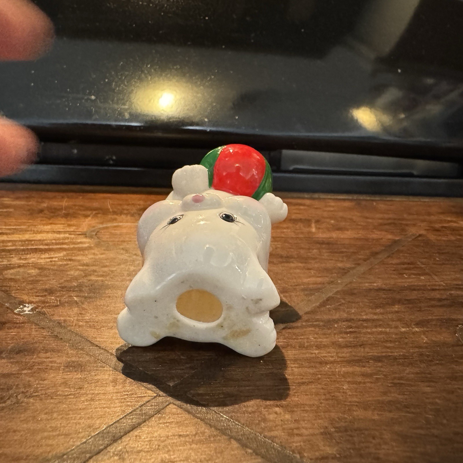Vintage Porcelain White Kitten Playing with Green And Red Ball
