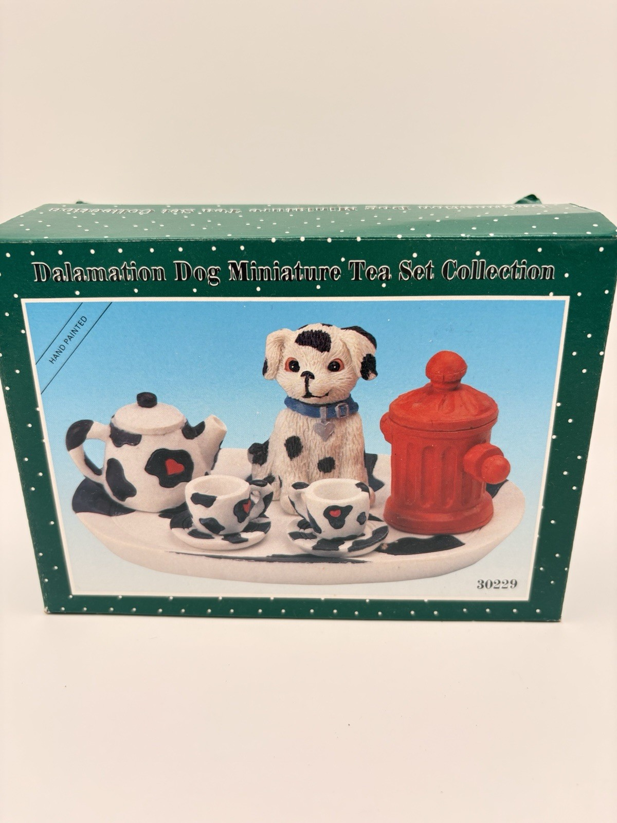 Vintage Dalamation Dog Miniature Tea Set Collection 1995 2.25″ IN BOX (30229)