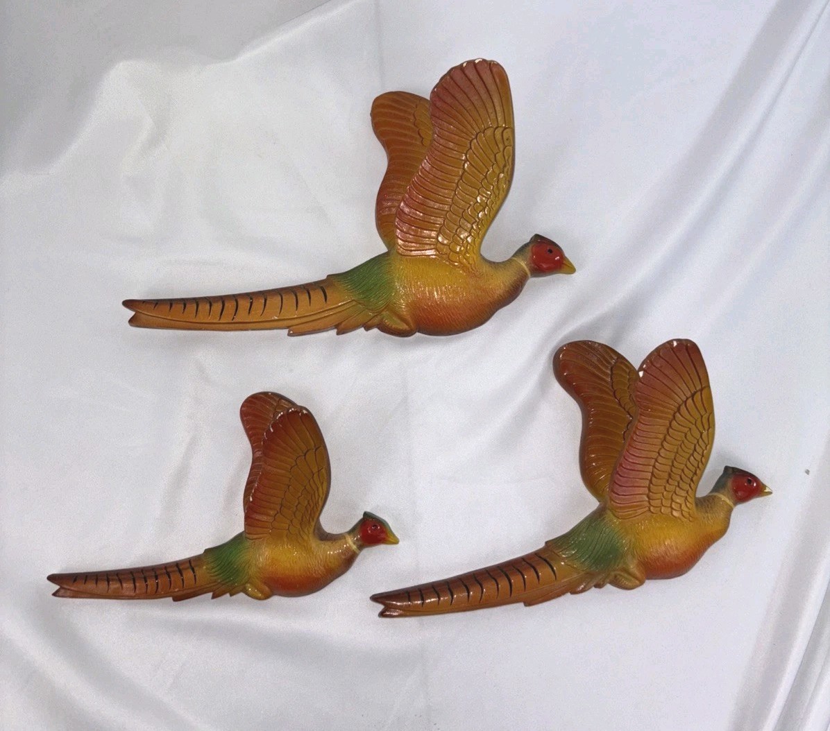 SET OF 3 VINTAGE CHALKWARE FLYING PHEASANTS 10 3/4”, 9 1/4” AND 7 1/2” LONG MCM
