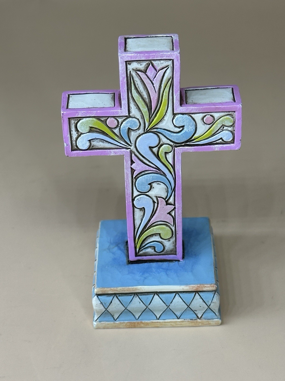 Small Jim Shore Pink Green Blue Carved Resin Cross Figurine