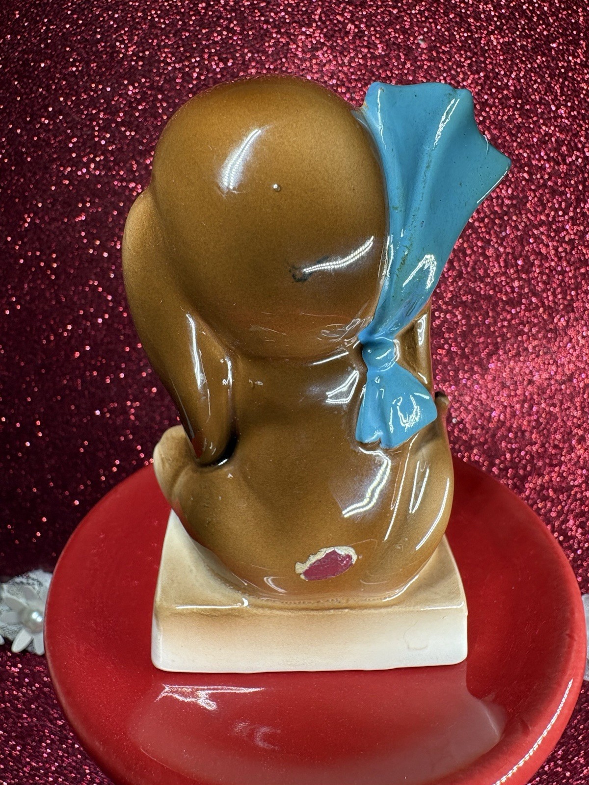 Vtg Norcrest July 4th Girl Dog W/ Big Blue Bow & Red Firecracker Figurine Japan