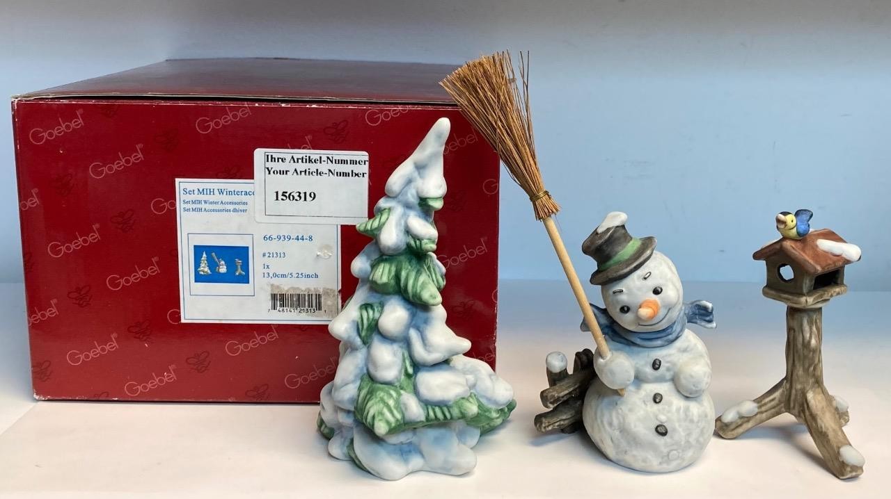 Goebel Winter Accessories Snowman w Broom + Tree + Bird House in Orig Box #21313