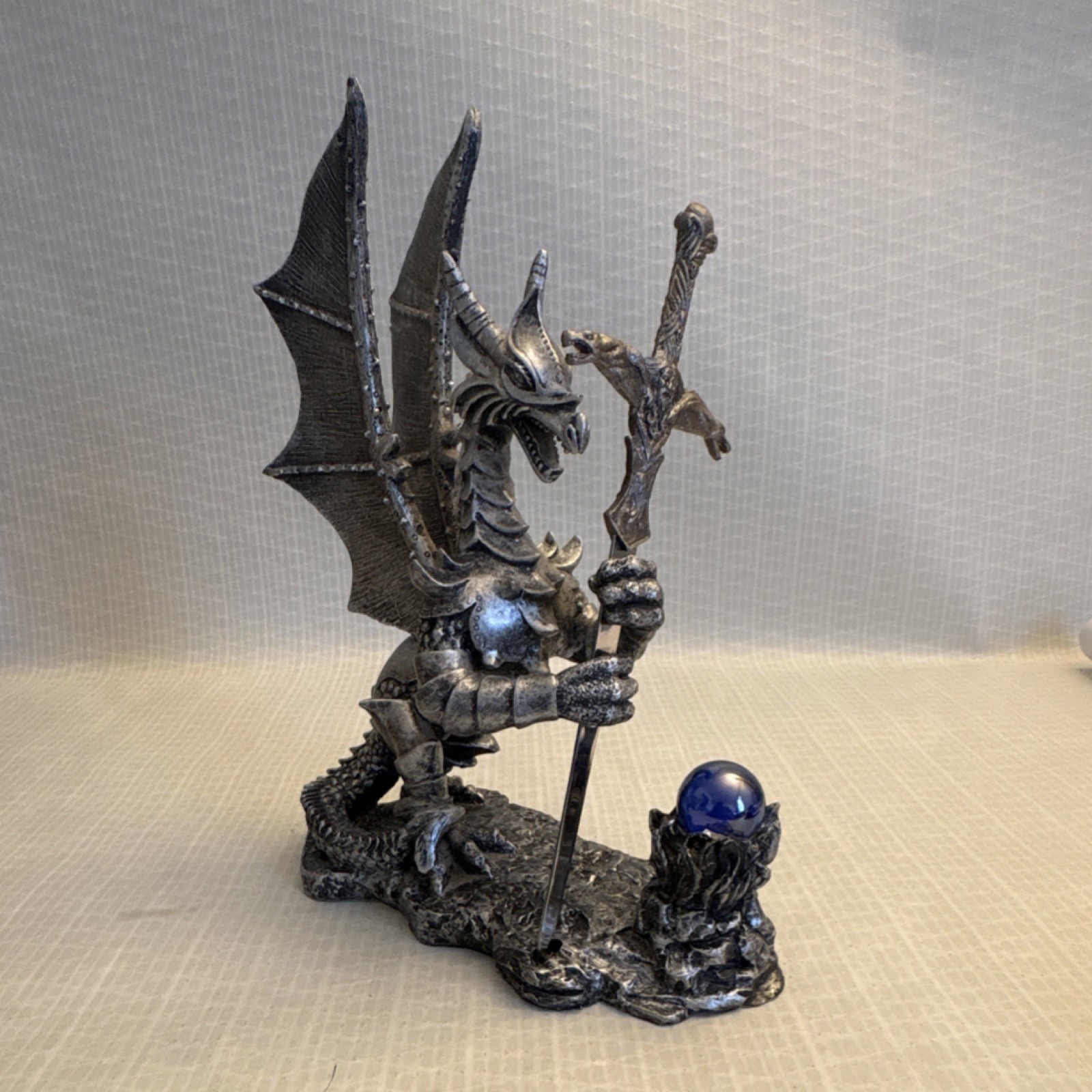 Silver Blue Fantasy Dragon Figurine Statue w/ Staff & Orb Accent 12in Tall
