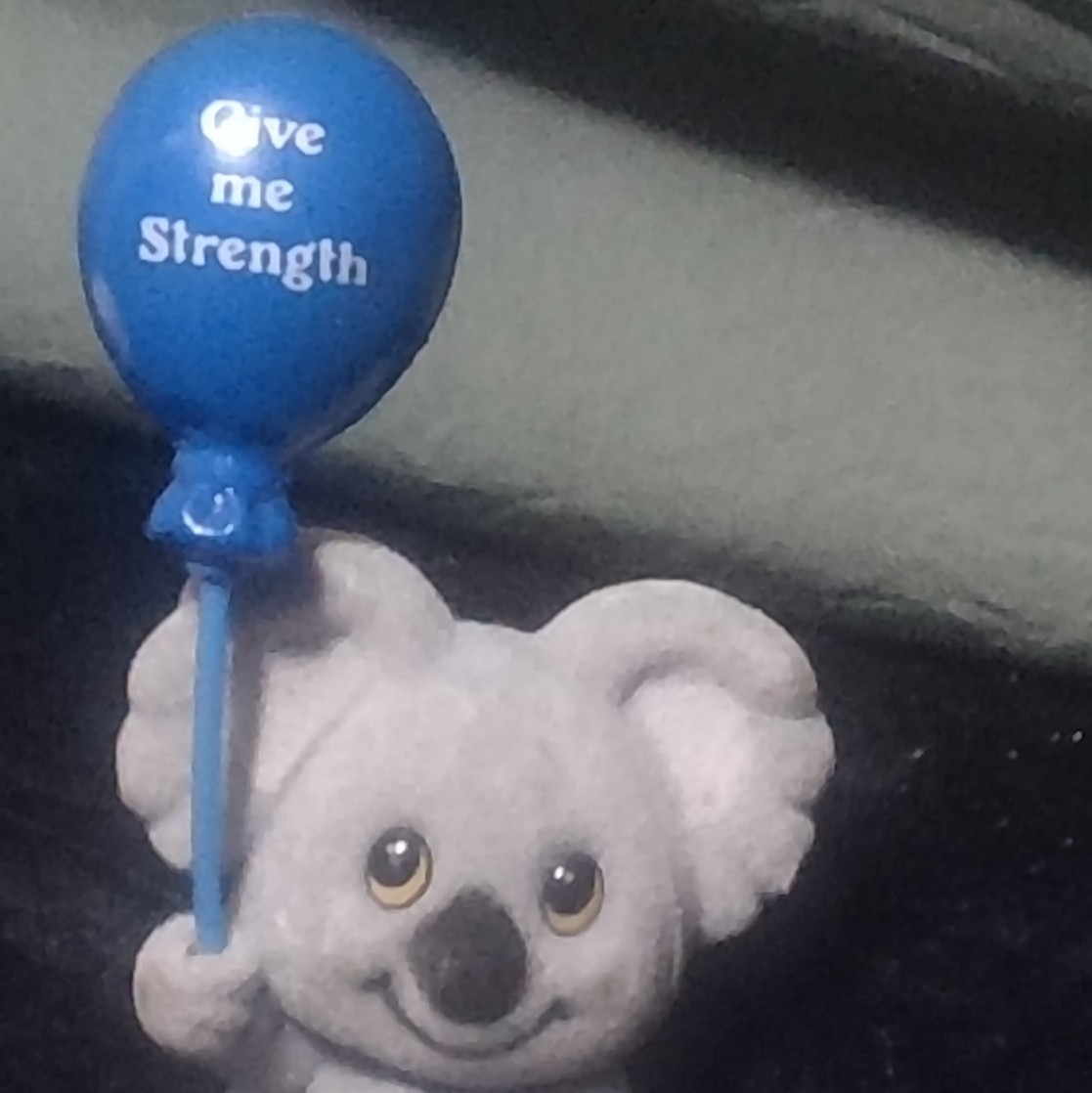 Gray Resin Koala Figurine Holding Blue Balloon “Give me Strength”