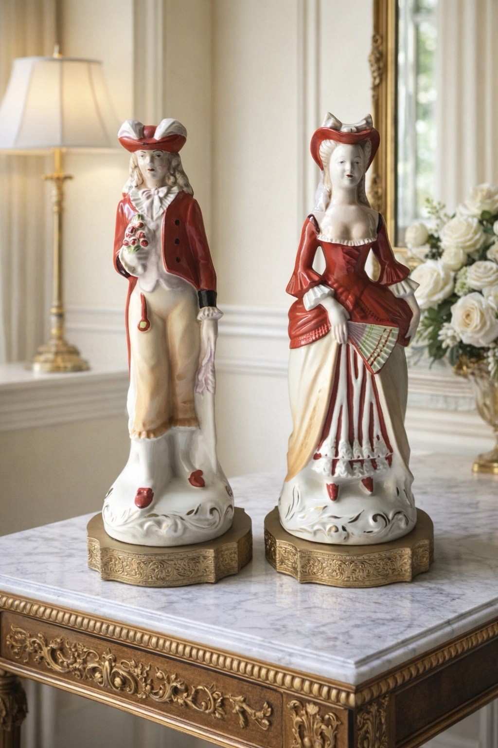 Old VTG 17.5” T Pair of Porcelain Victorian Style Lady Statues on Brass Bases