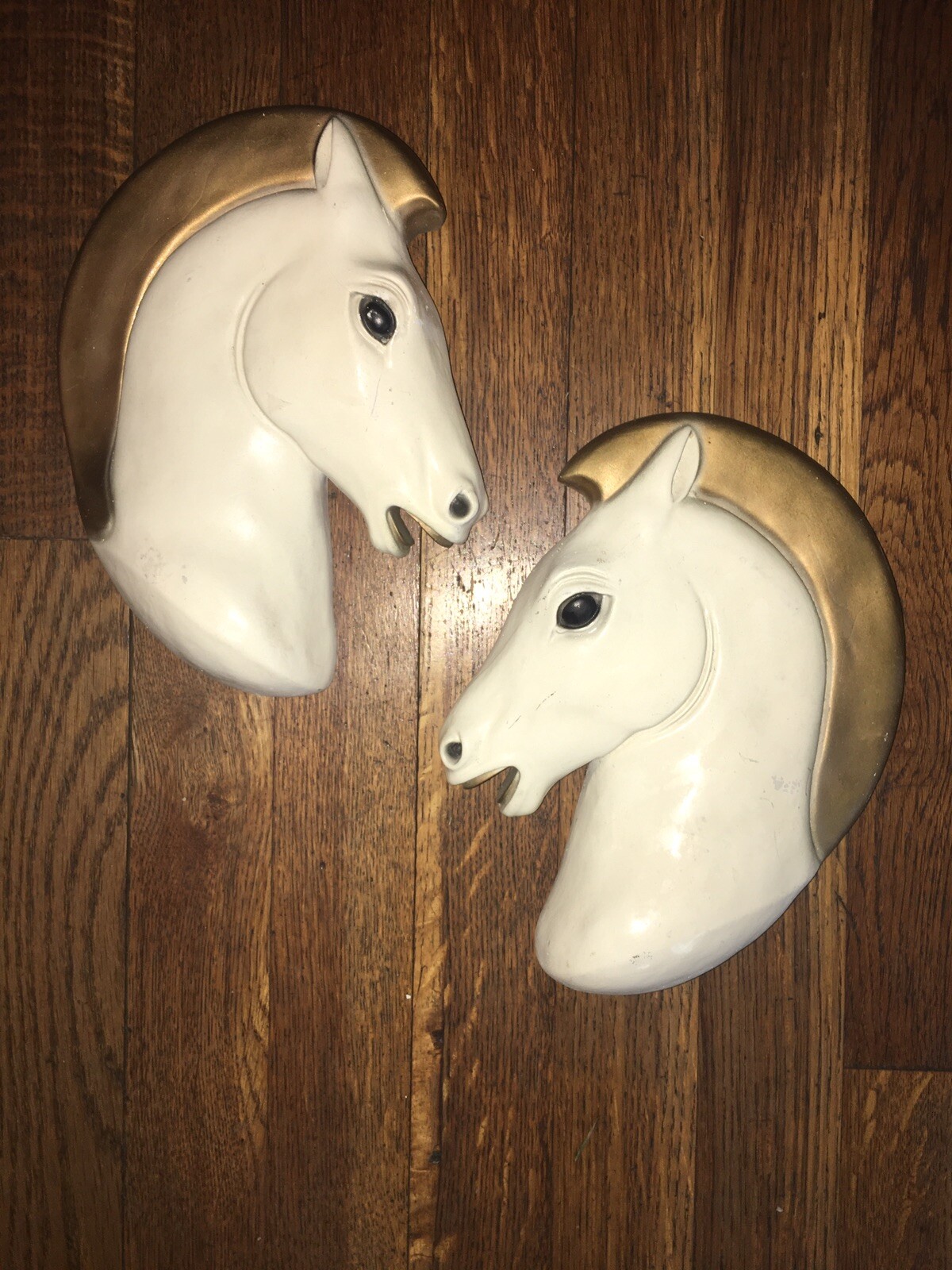 2 Vintage Chalkware / Plaster Chess HORSE Head Wall 3-D Sculpture Art Deco MCM