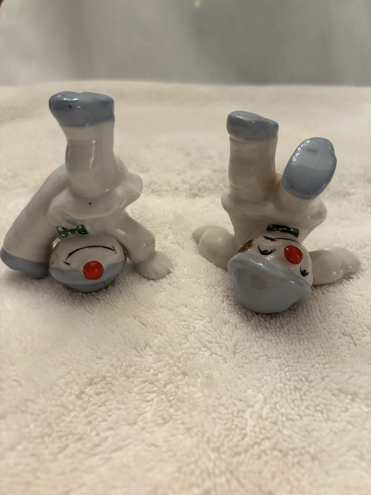 Vintage Tumbling Clown Figurines Ceramic Pair Mid Century Whimsical MCM