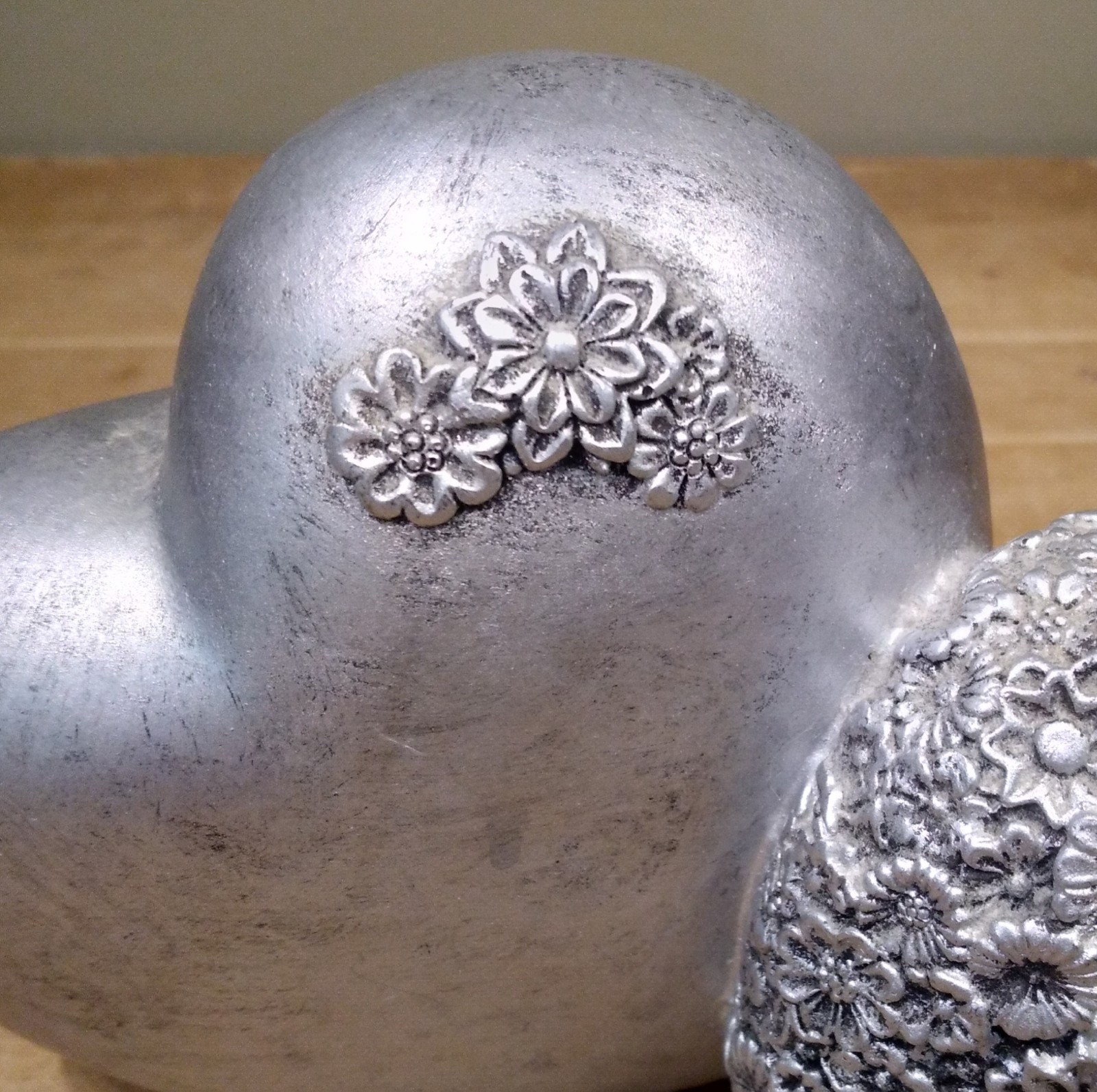 Silver Double Heart With Engraved Flowers Metal Look Love 5″