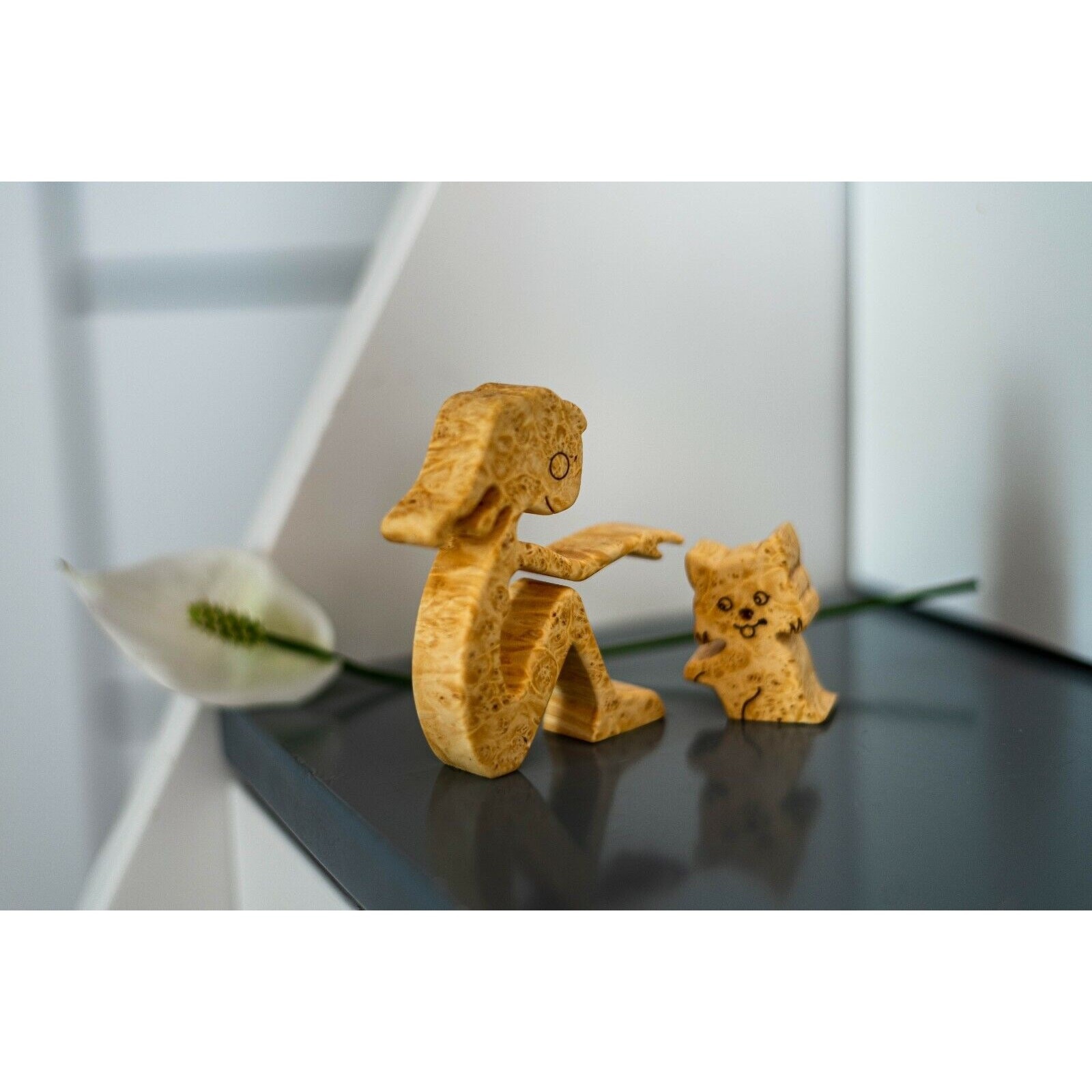 Handmade Carved Maple Burl Wood Cat and Owner Figurine Unique Home Decor