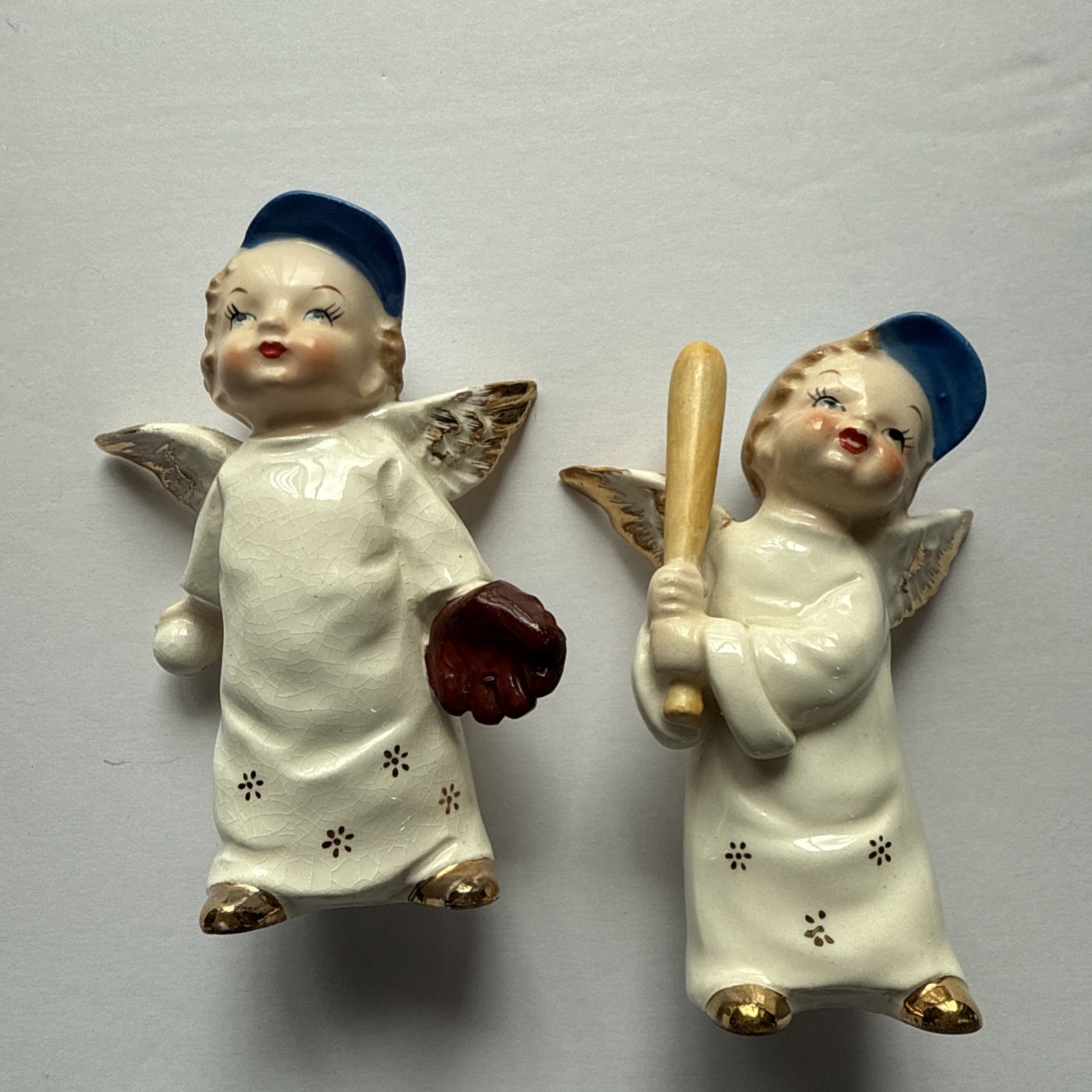 Vintage 1950s Japanese Angel Baseball Players Pair Rare Collectible Figurine