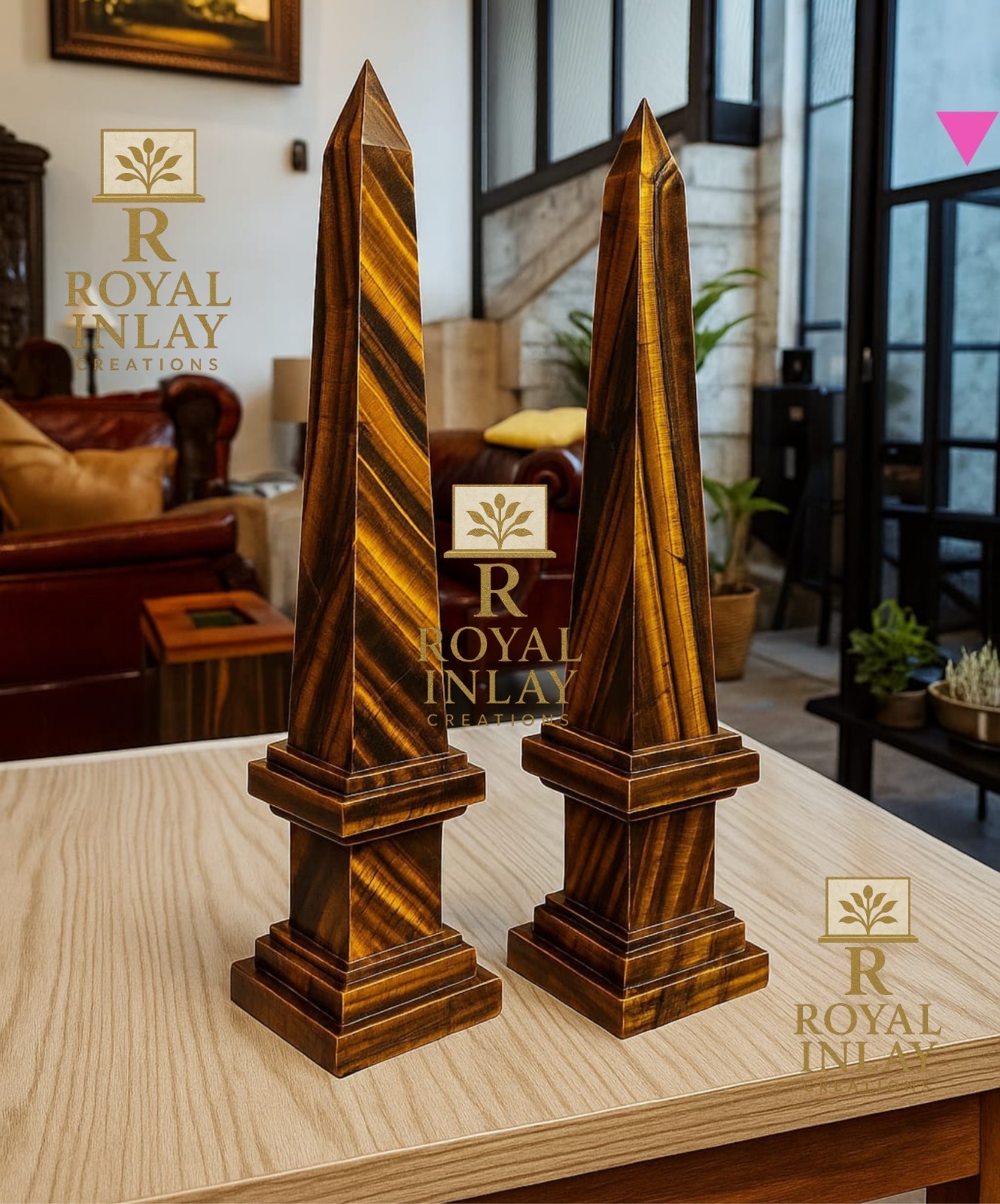 Tiger Eye Obelisks (Pair) | Hand-Carved Crystal Sculptures |Luxury Decor 15″