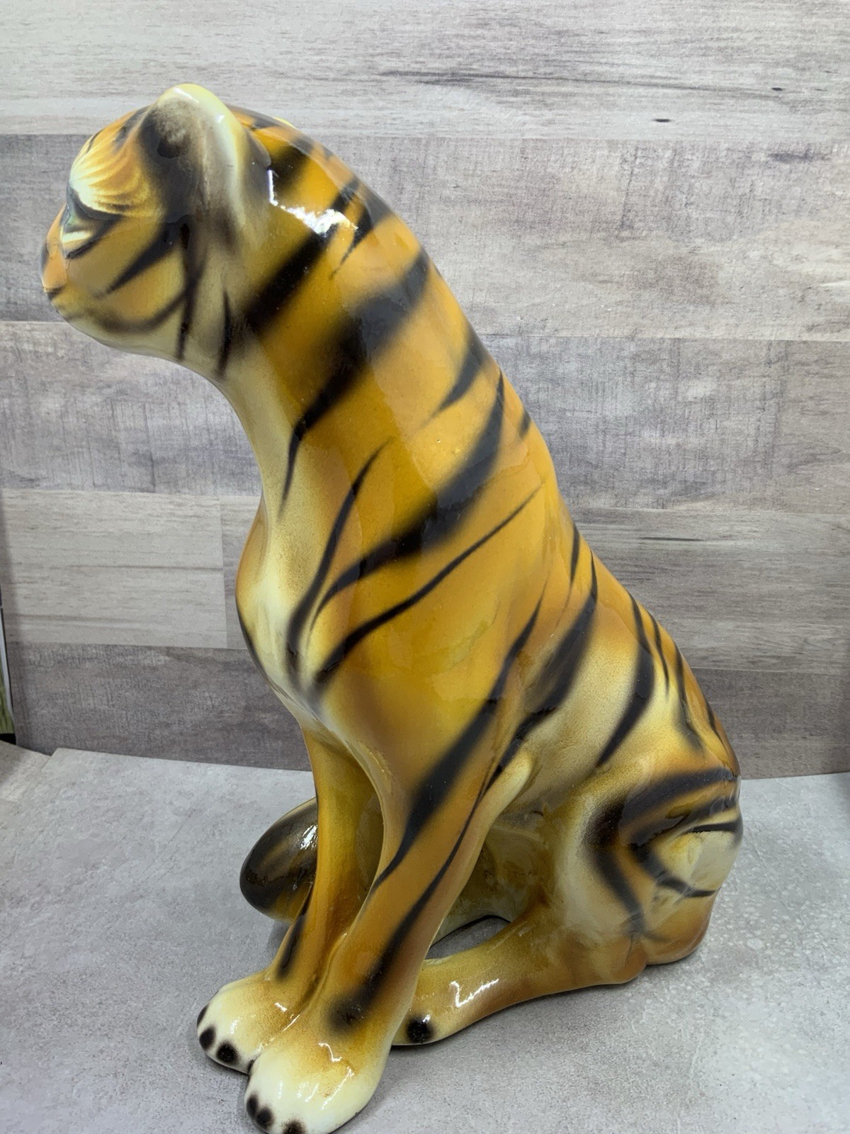 Vintage Large Seated Ceramic Tiger Statue 9.5” C.L.F Faiancas Alcobaca Portugal