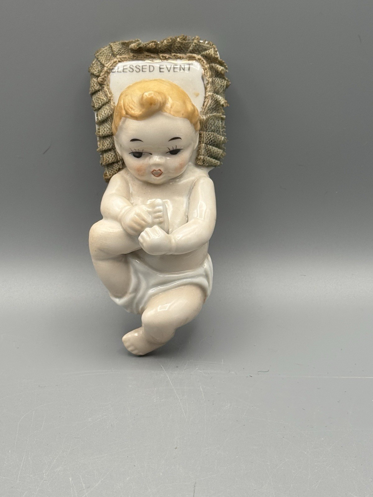 Vintage Blessed Event Porcelain Baby Wall Hanging Figurine Japan 1950s Lace Edge
