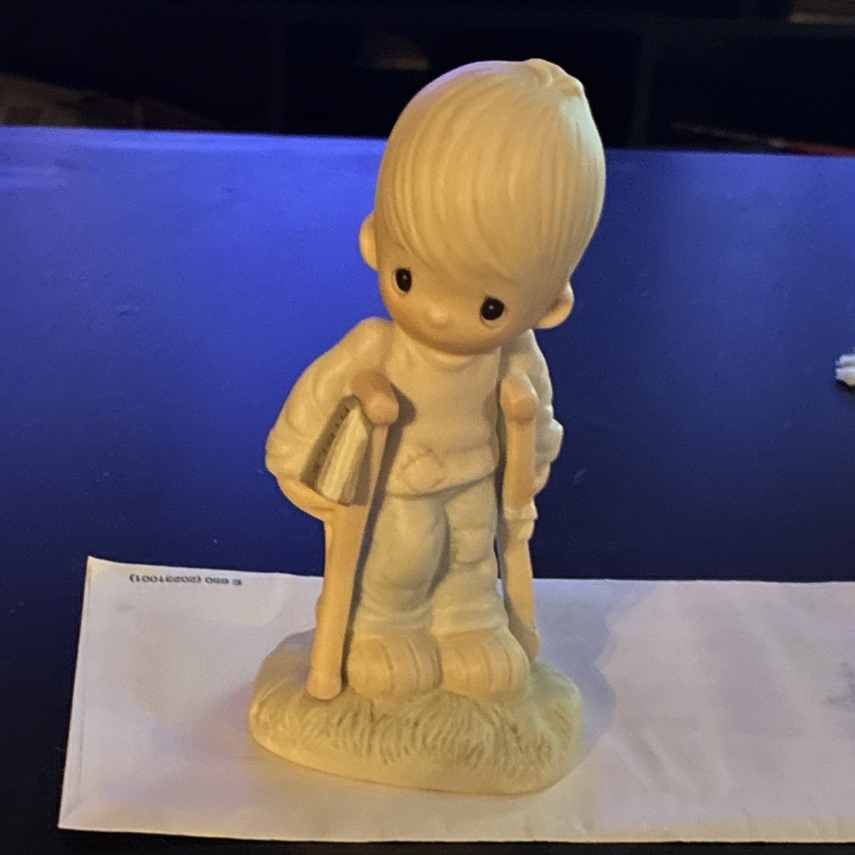 Precious Moments Vintage 1970s Beige Porcelain Boy Figurine w/ Crutches