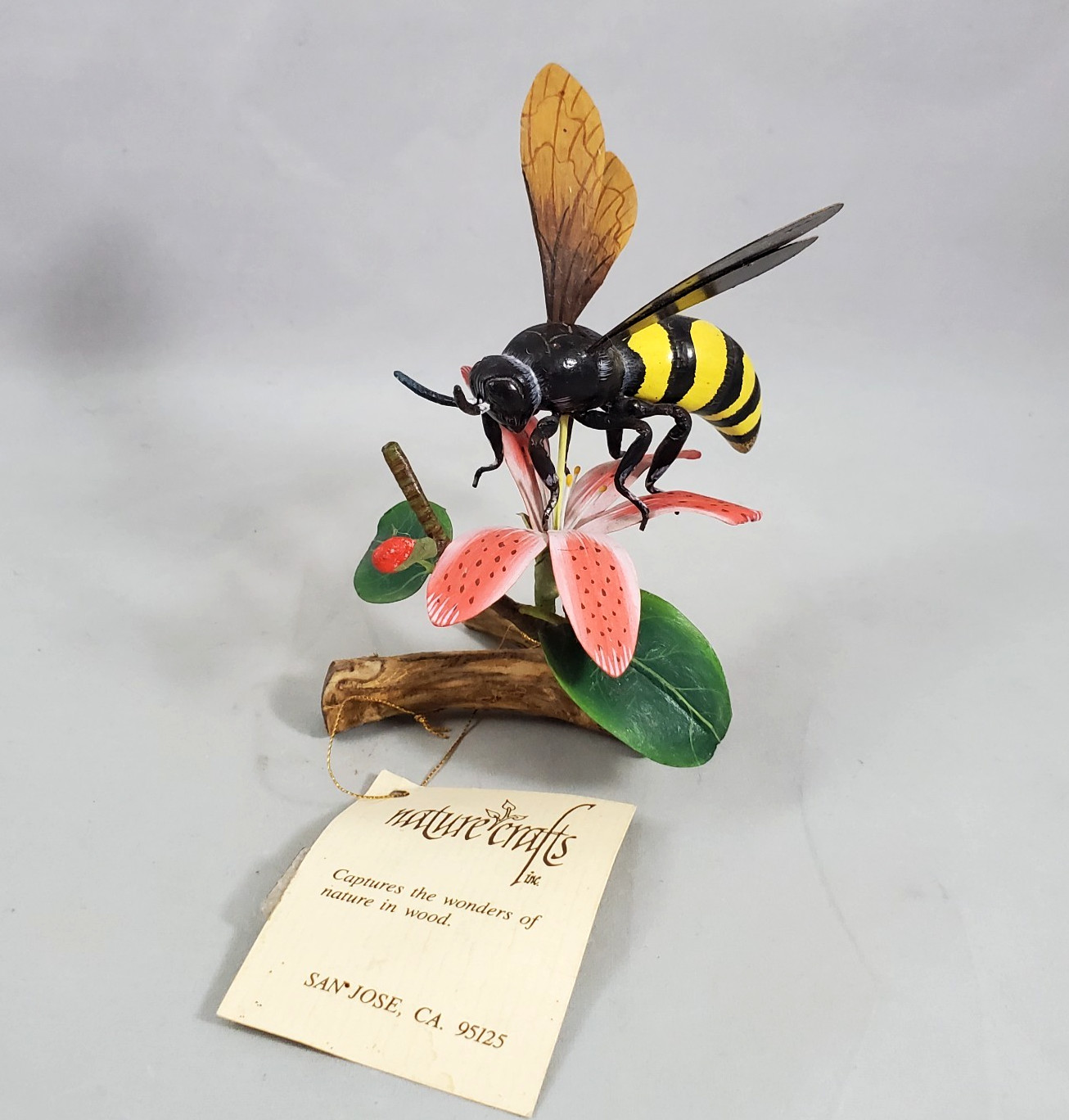 Vintage Nature Crafts Wood Paper Wasp on Flower & Branch Hand Carved & Painted