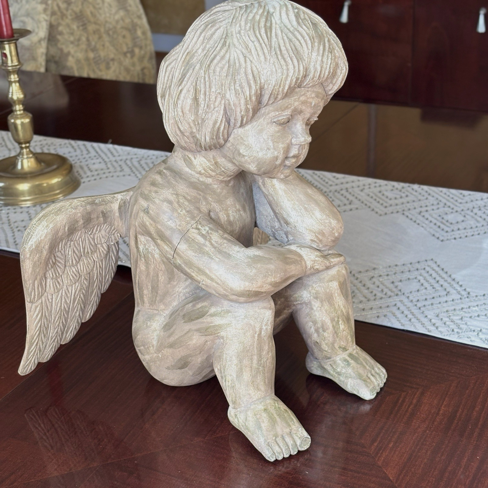 Vintage Hand Carved Wood Cherub Angel Putti Sitting Sculpture Folk Art Large 16″