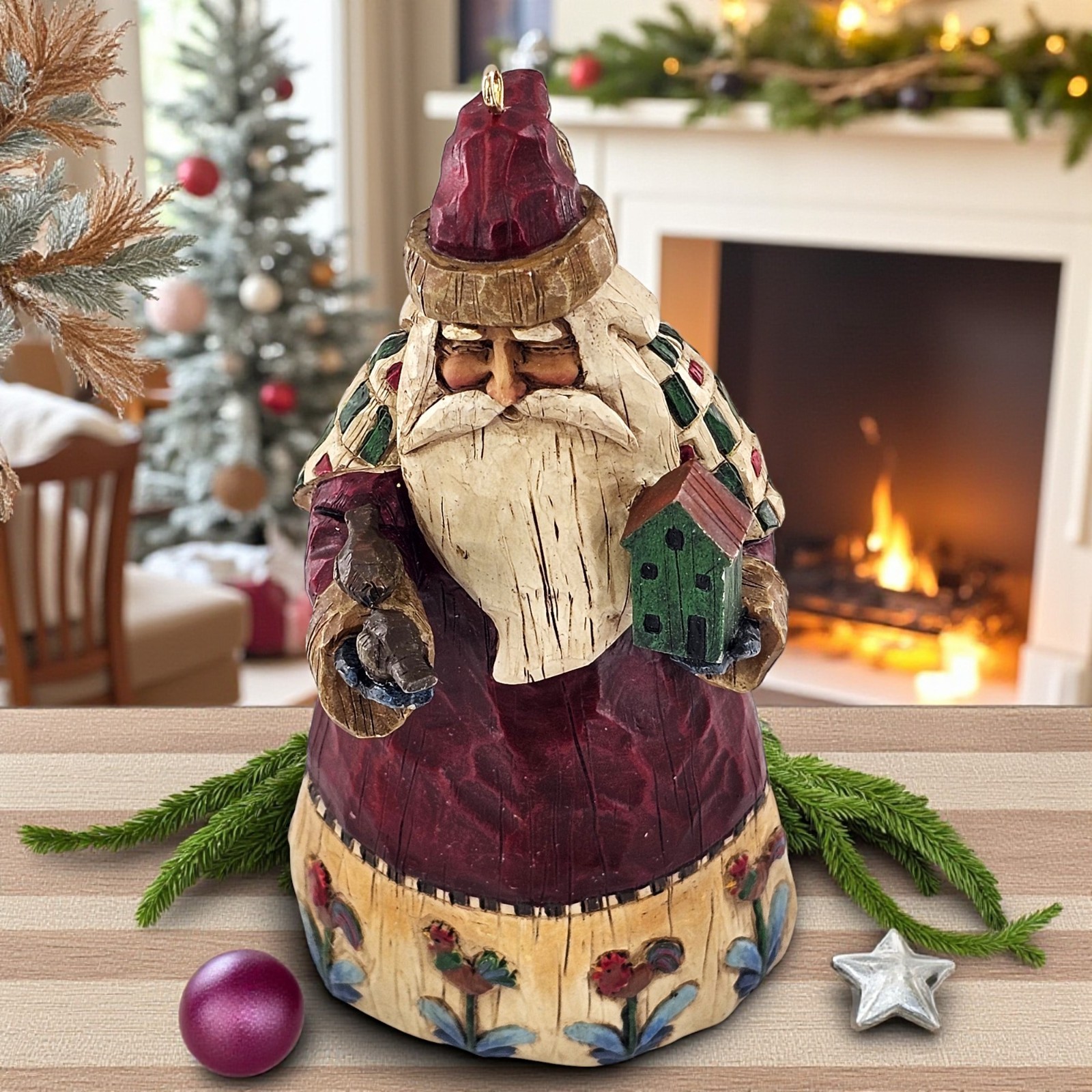 VTG Jim Shore Ornament Carved Santa Feeding Birds and House Roosters Hang Stand