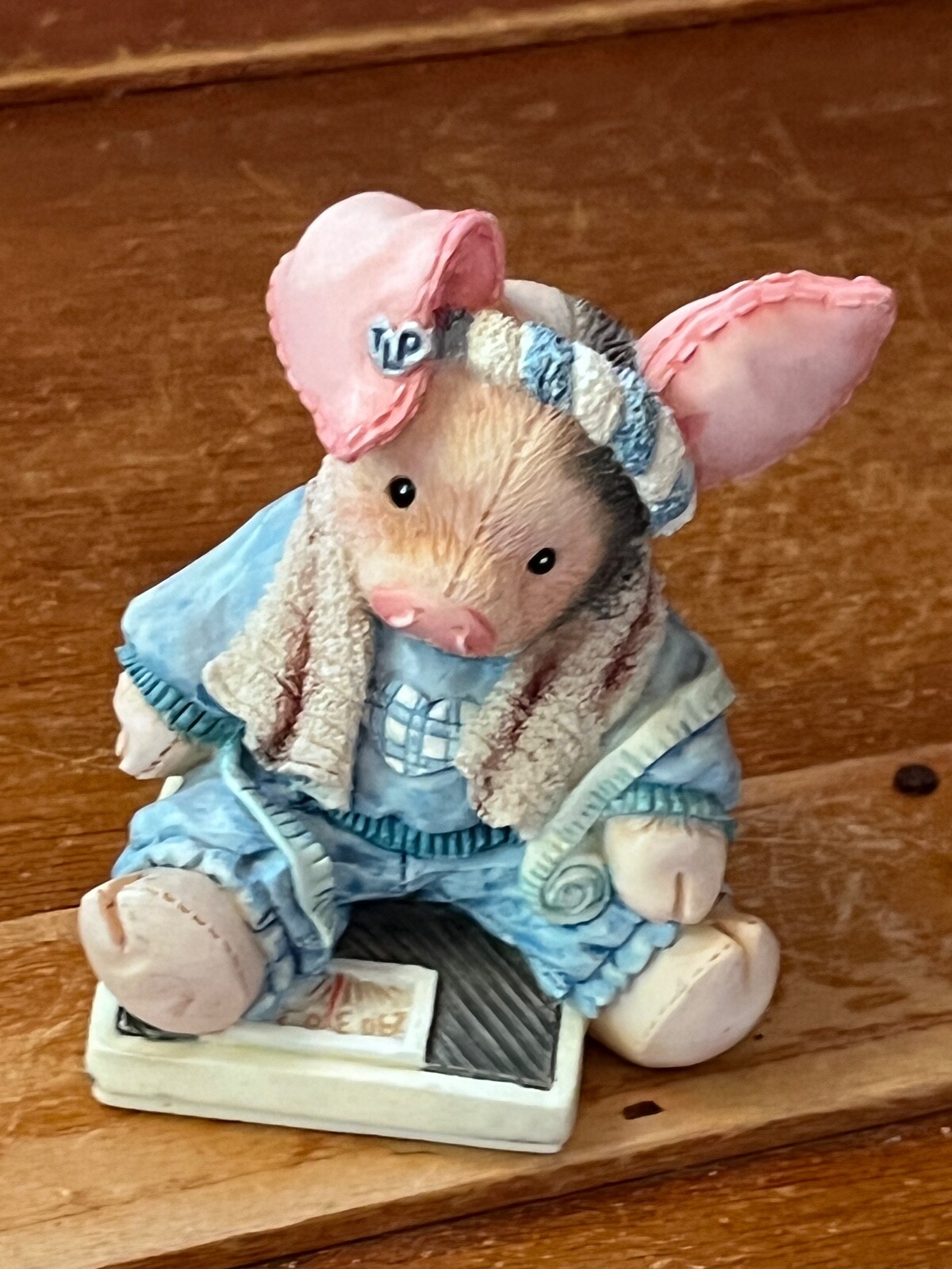 Enesco This Little Pig HAD NONE Resin Piggie in Blue Sweat Track Suit on Scale