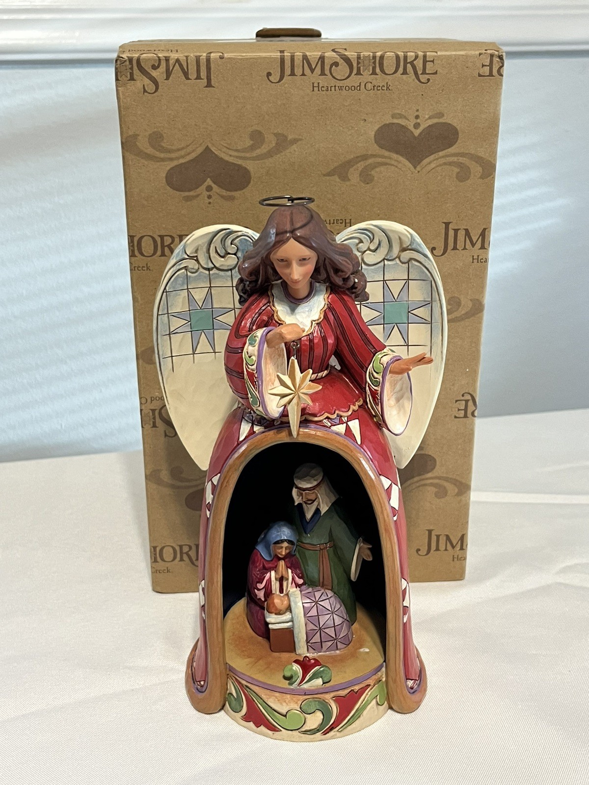 Jim Shore 9 1/2″ Angel Light Holy Family Scene 2013 #4037595 For Unto Us A Child