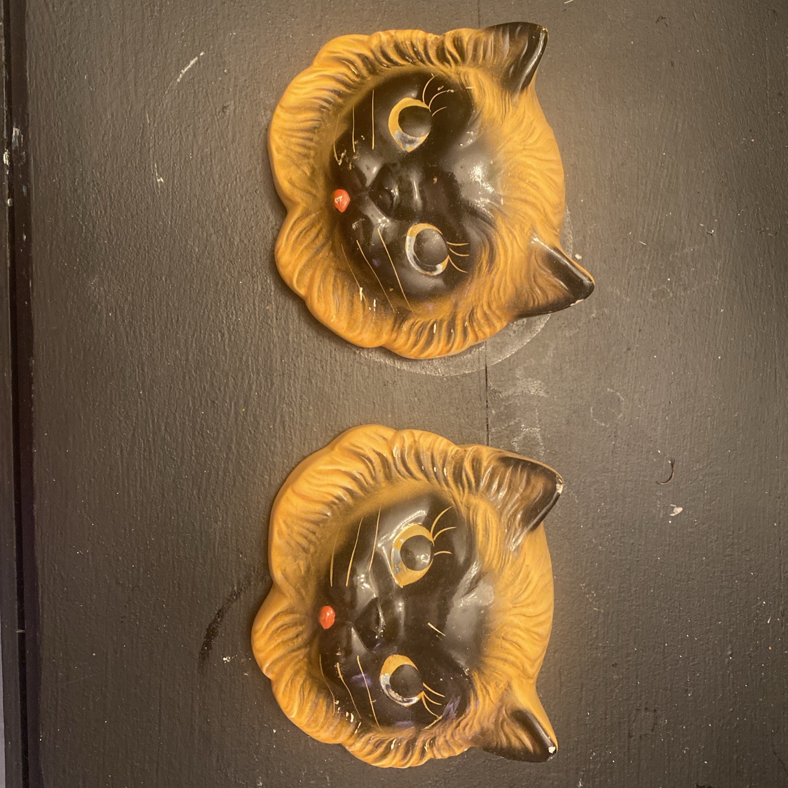 Pair Of Vtg 1954 Miller Studio Chalkware Kitty Cat Head Wall Hangings