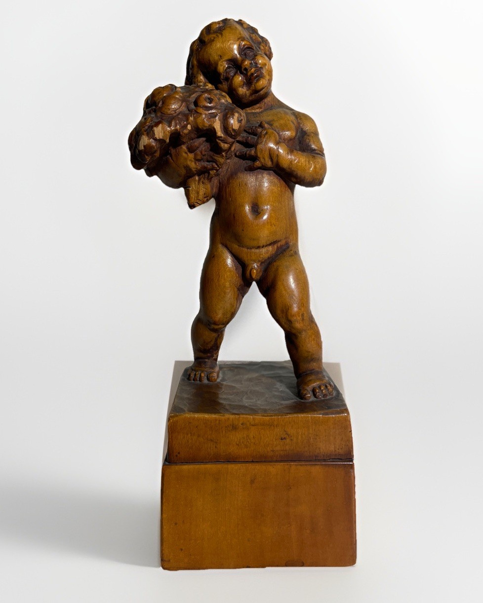 Nude Boy Holding Bouquet Hand Carved Wooden Bacchus Putti
