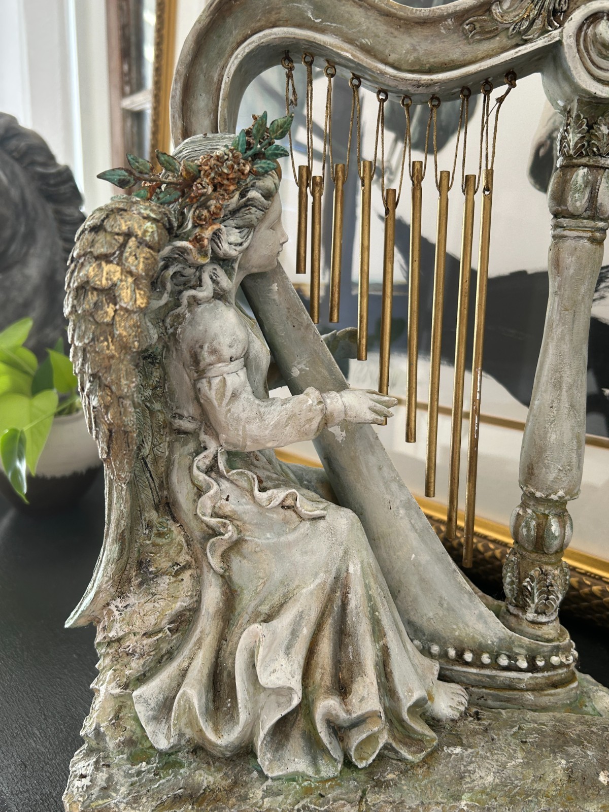 14″ Tall Angel Harf statue/ indoor decor/Outdoor garden wind chime.