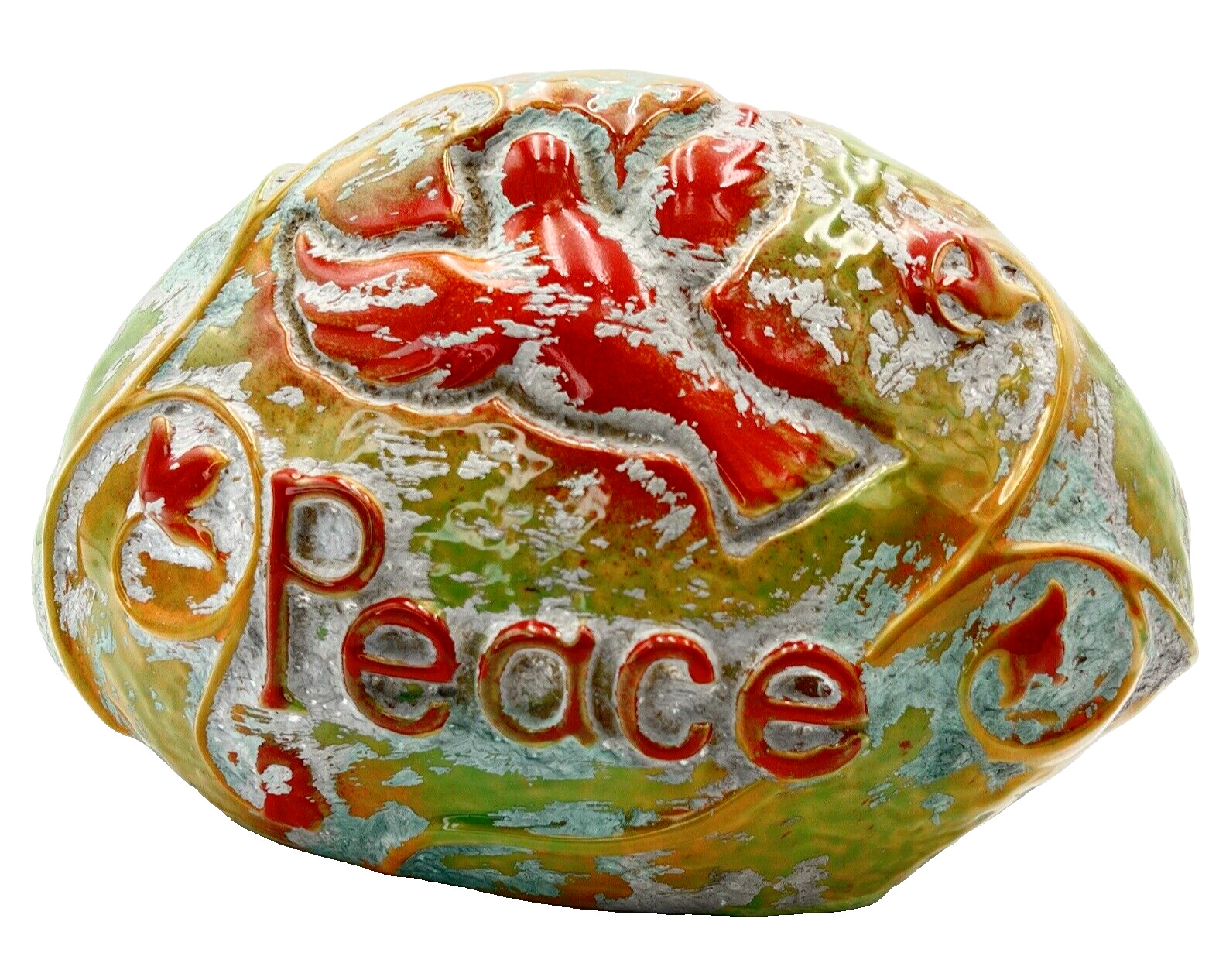 “Doves of Peace” Faux Ceramic Rock 3-D High-Gloss Glaze + Matte Finish – Unique!