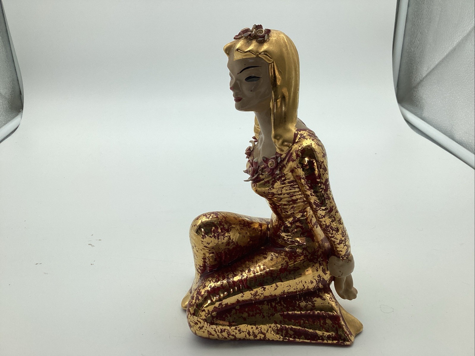 Vintage 1950’s Yona Pottery California Gold Lady Figurine Kneeling 7.5”