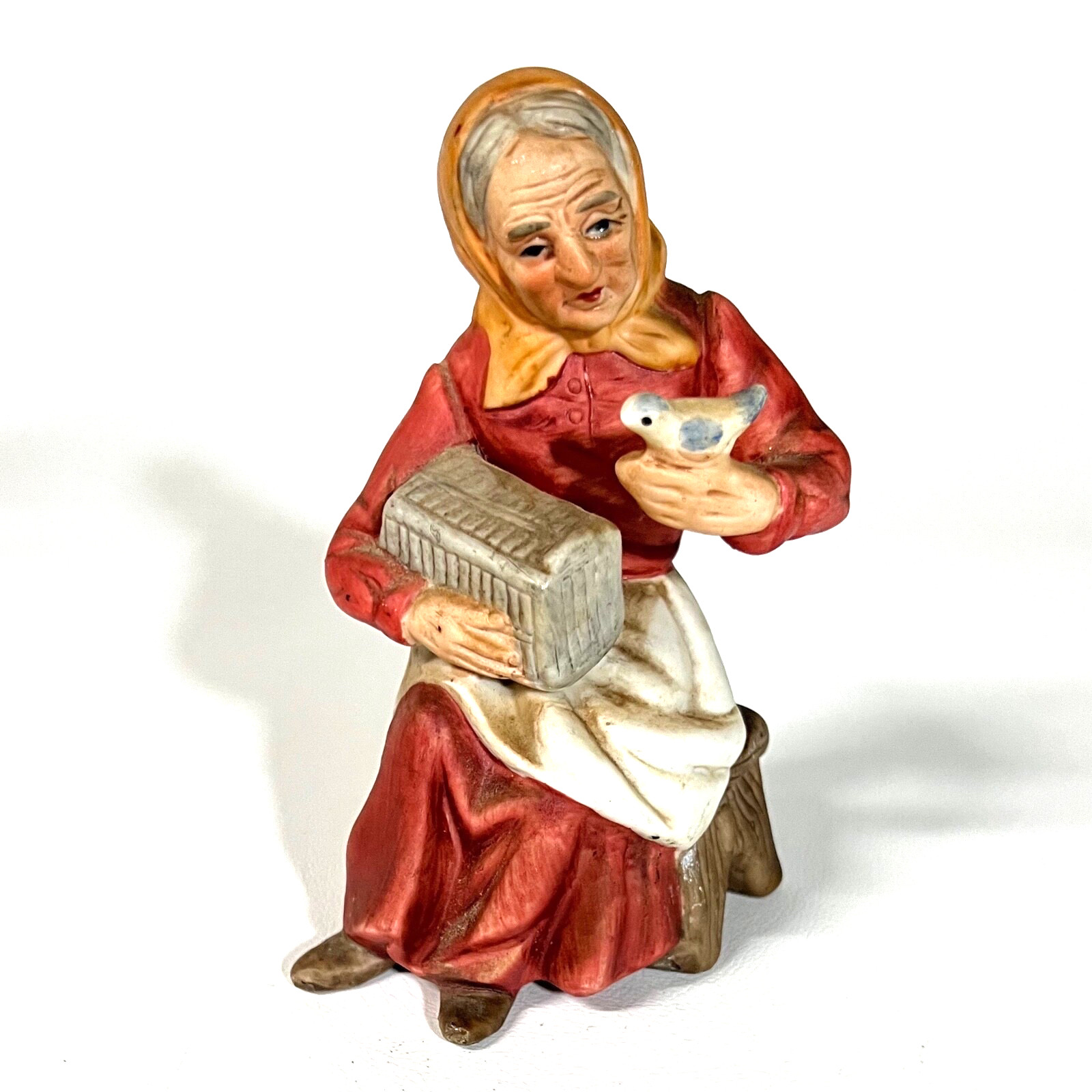 Vintage Royal Crown Figurine Old Woman with Bird Taiwan 5″