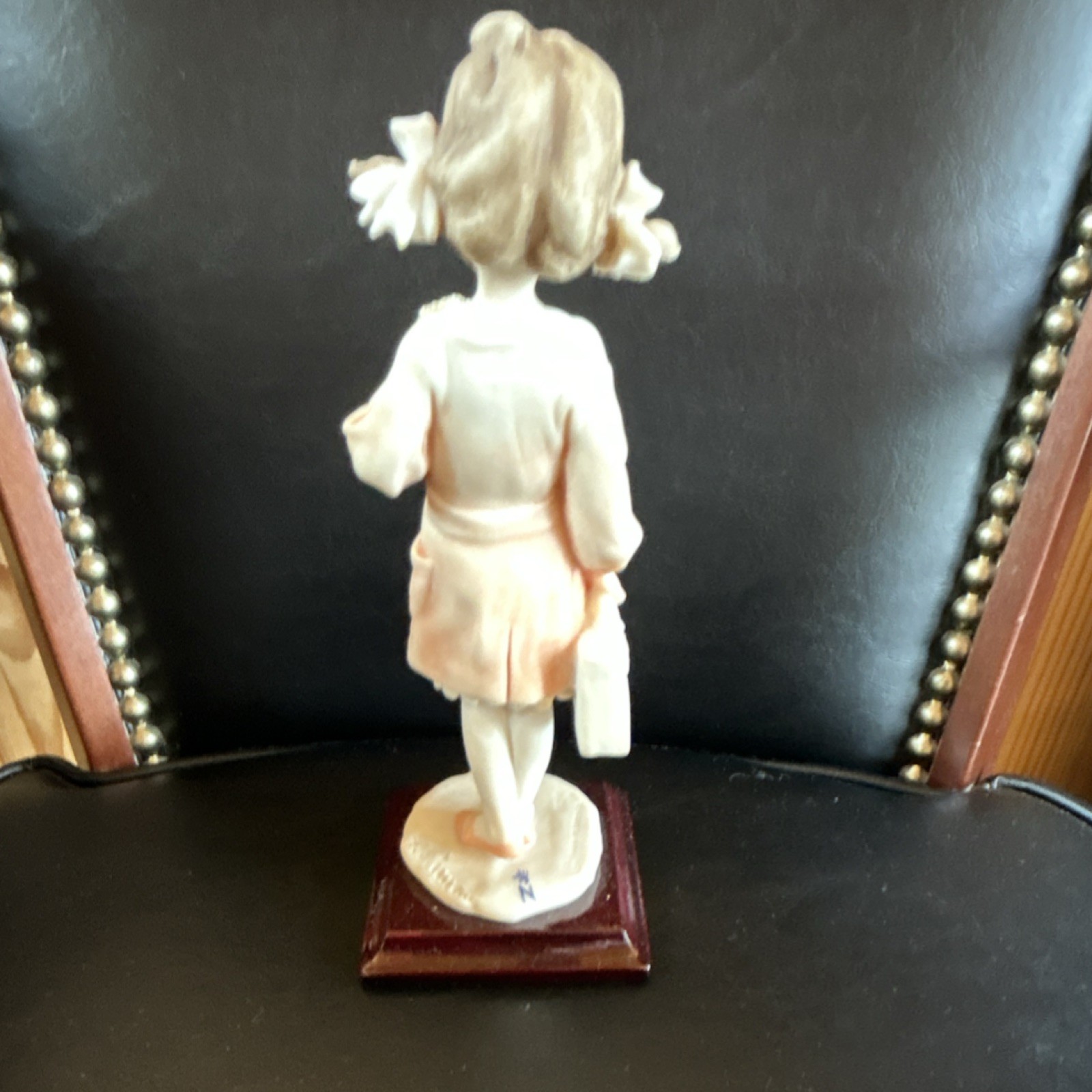 G. Armani Porcelain Girl Figurine with Flowers, Wooden Base, Italian, Signed