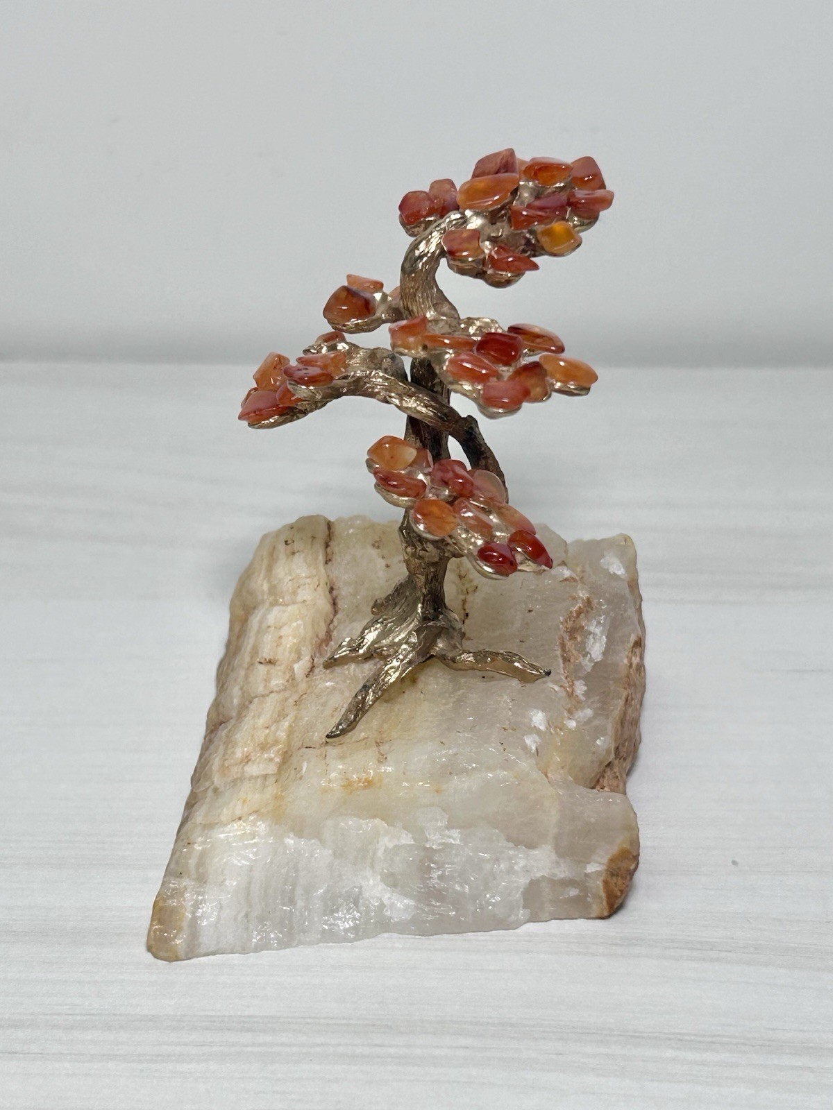 Vintage AMARO Stone & Gold Tone Metal BONSAI TREE SCULPTURE on Rock Signed