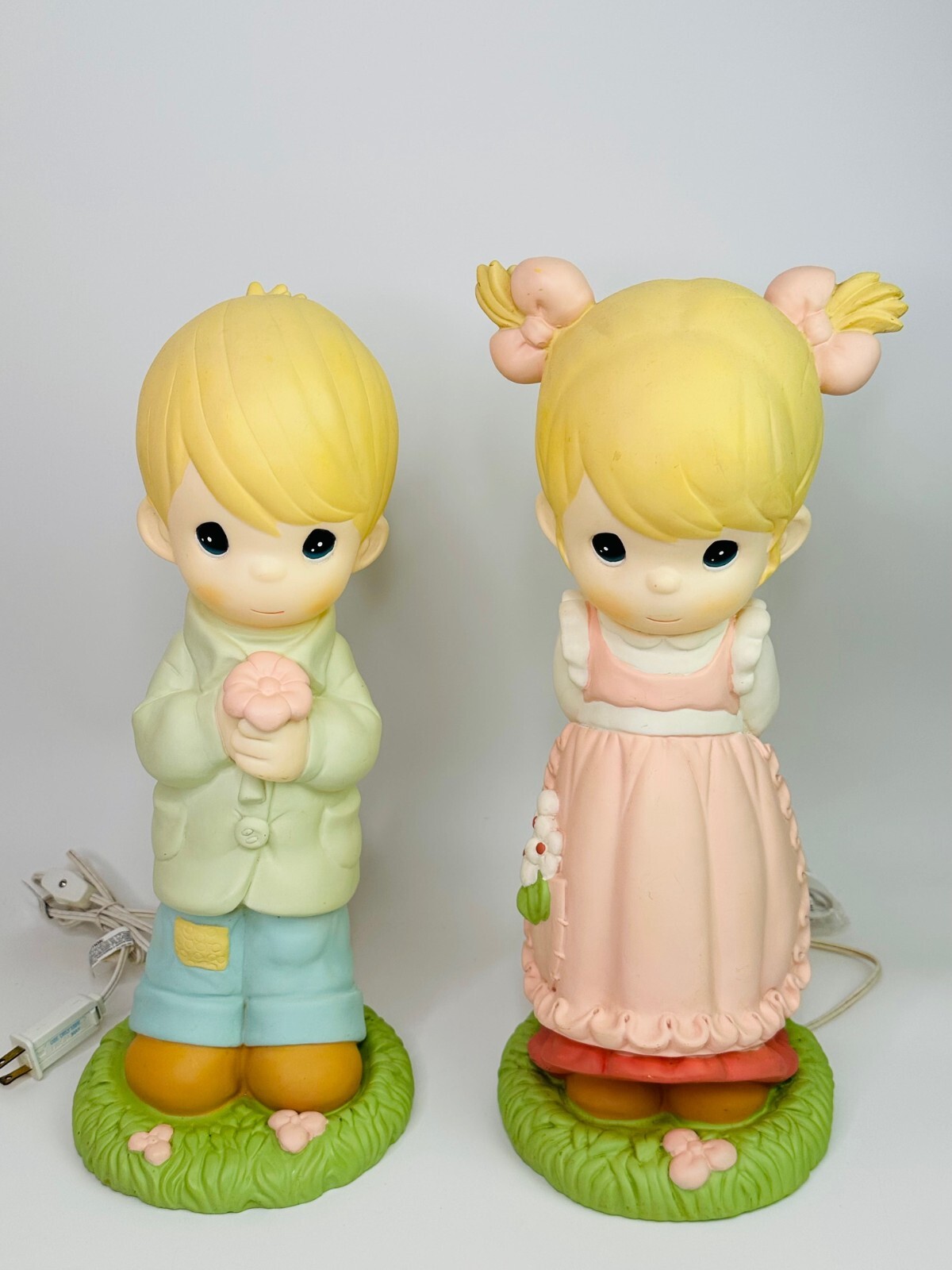 2 Vintage Precious Moments 16″ Blow Molds Tall Spring Girl & Boy with Lights