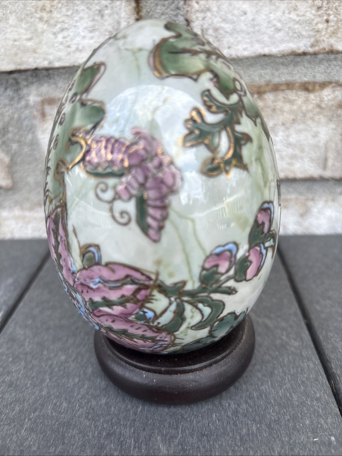 Vintage Chinese Hand Painted Porcelain Egg with wooden stand