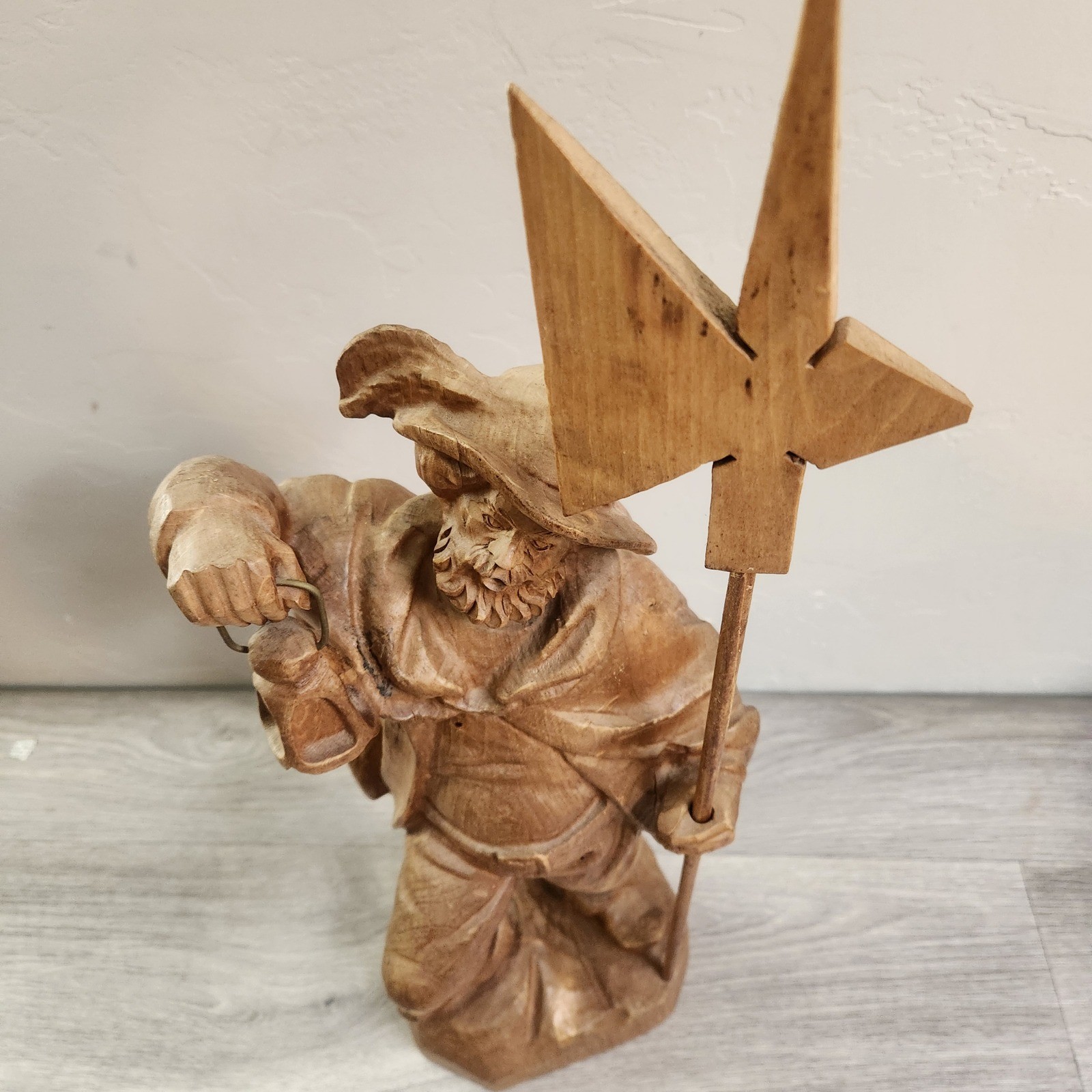 Vintage Hand Carved Fine Wood Man Traveler Lantern Night Watcher Solid Folk Art