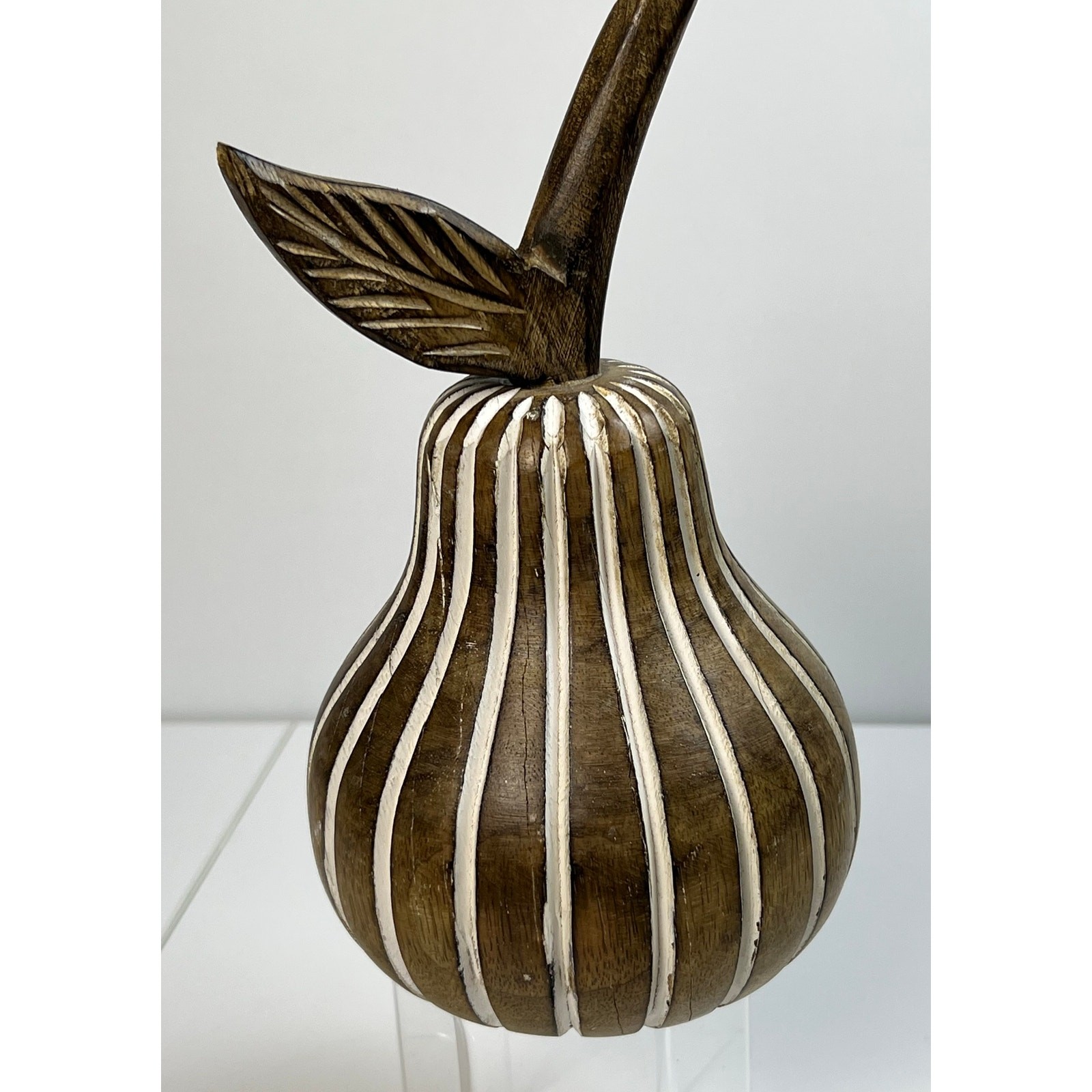 Hand Carved Wood Pear Sculpture 8″ Tall India Inlay Stripe Decor Fruit Figurine