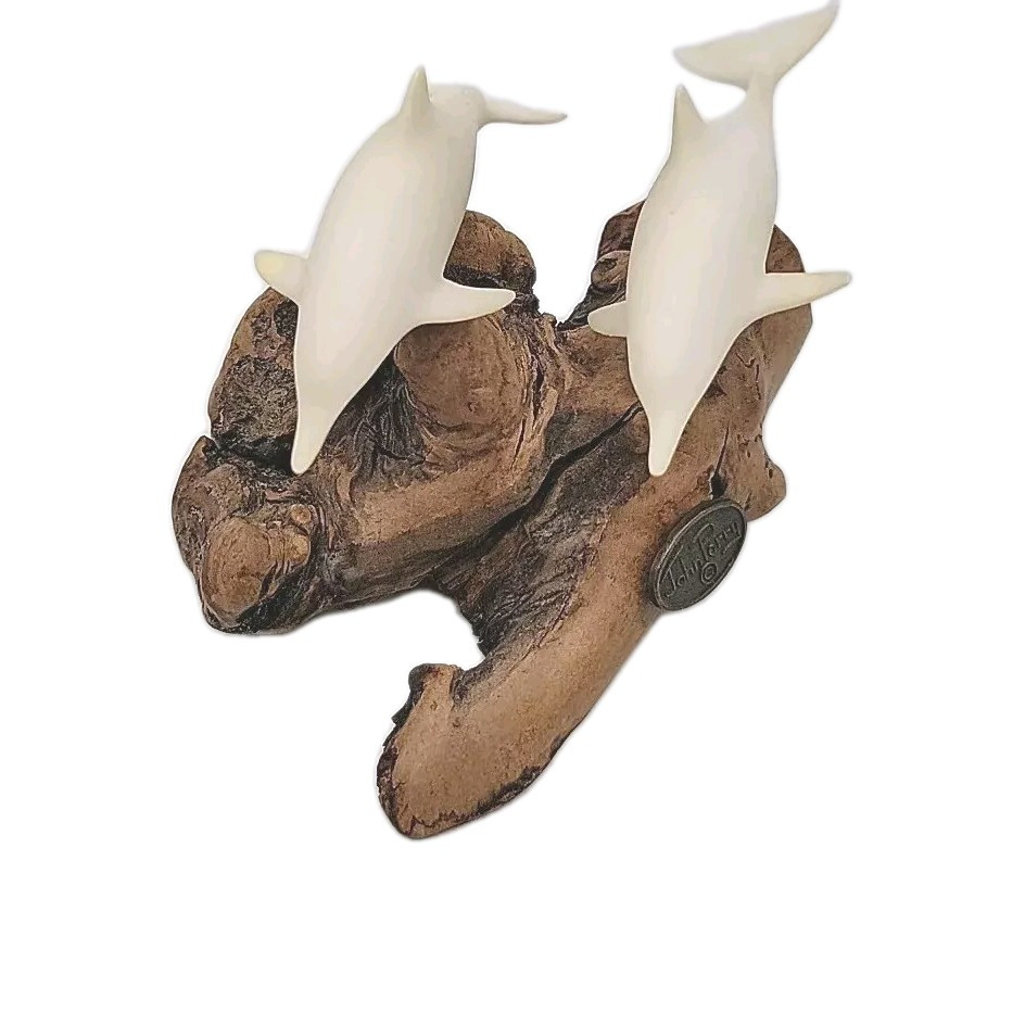 John Perry 2 White Dolphin Figurines On Burl Driftwood Sculpture Signed