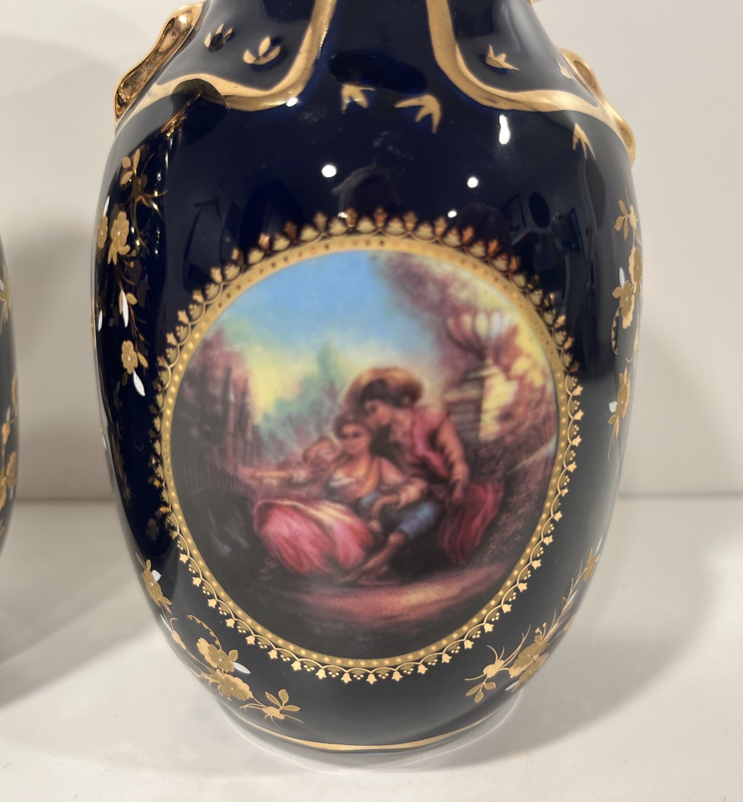 Porcelain Blue And Gold Historical Figures Vases 6” Tall