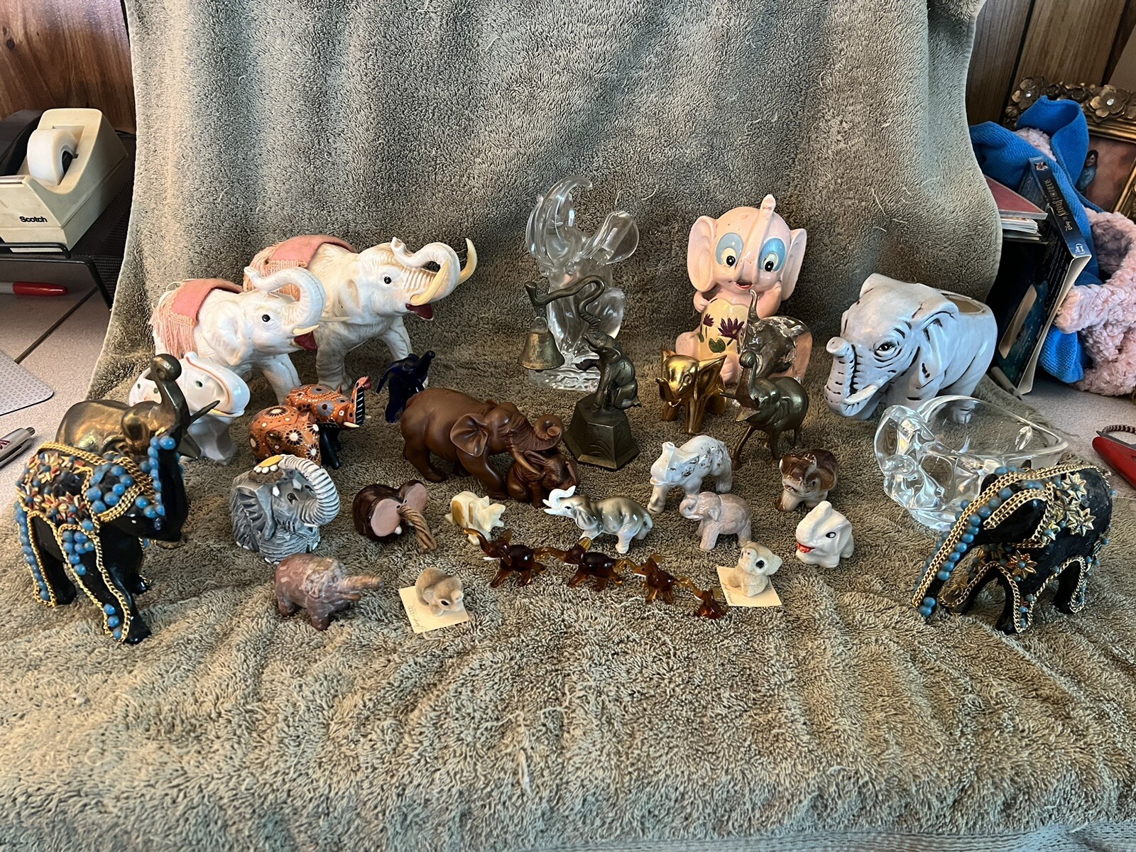 Antique and Vintage Elephant Collectibles in Brass, Glass, Hand carved wood, etc