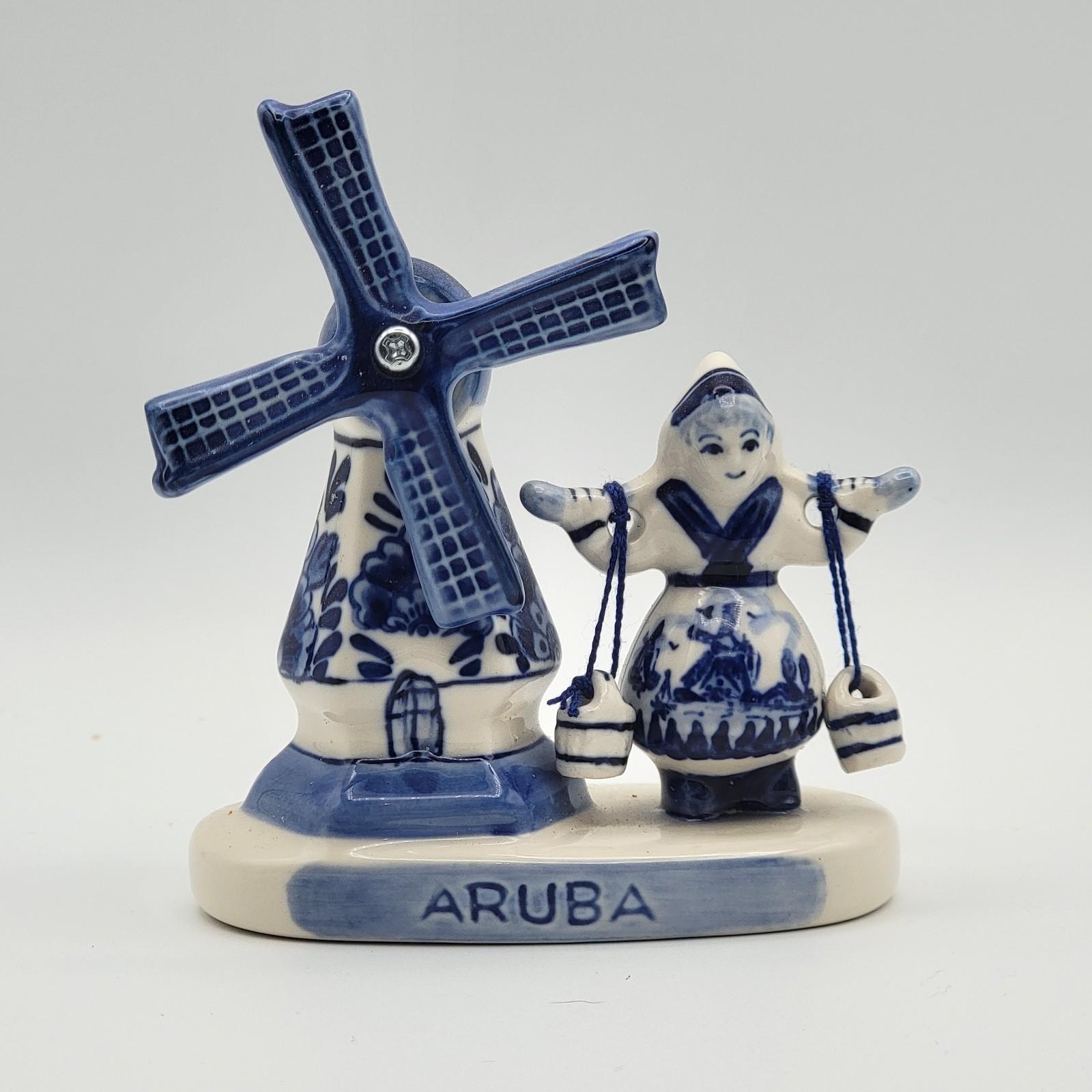 Delft Blue Aruba Windmill Milkmaid Figurine Spinning Blades (Pre-Owned)