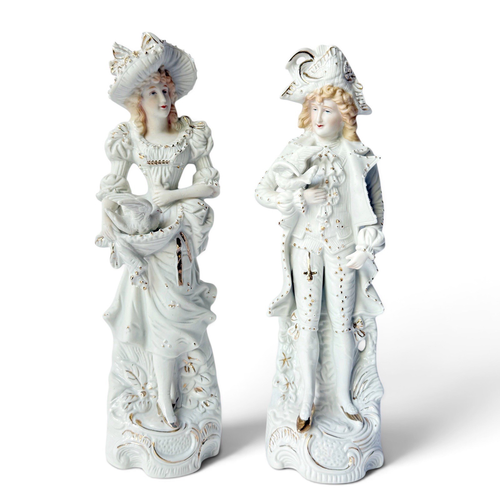 Vintage Pair of Rococo Baroque Couple Figurines Doves White Bisque Porcelain 12”