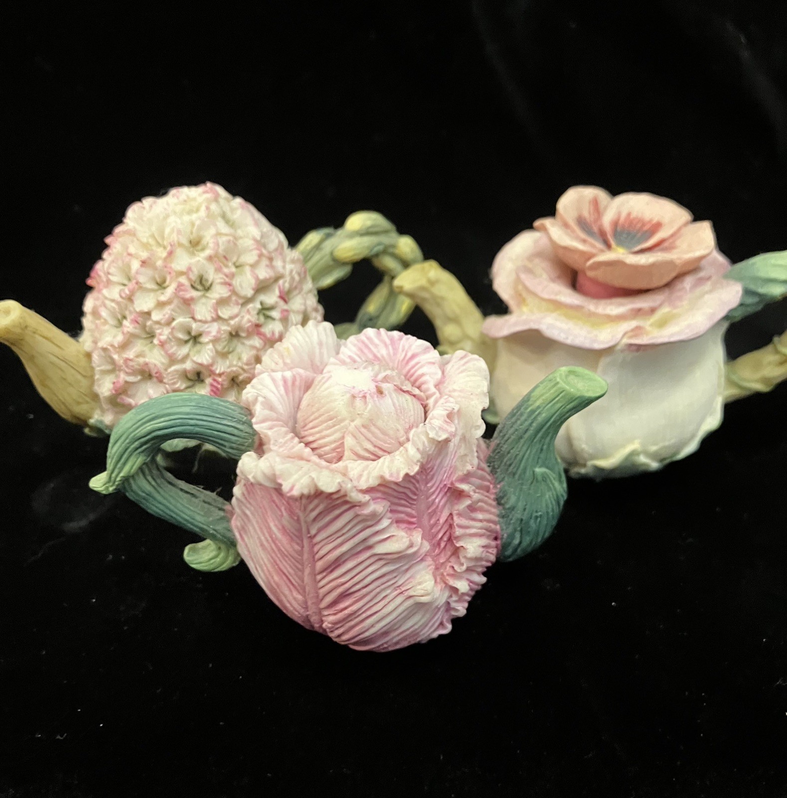 Set of 3 Miniature Flower Doll House Fairy Teapots Hydrangea Camellia Rose Tulip