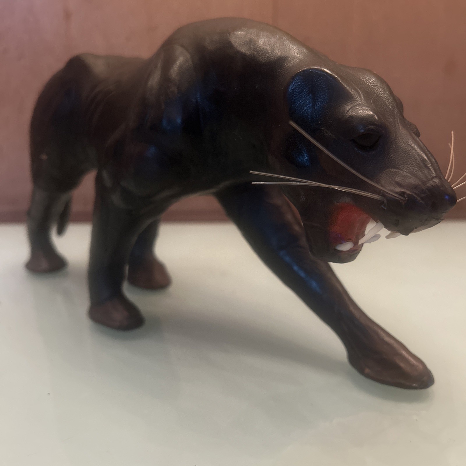 Vintage MCM Leather Wrapped Paper Mache Black Panther 13 Inches Long