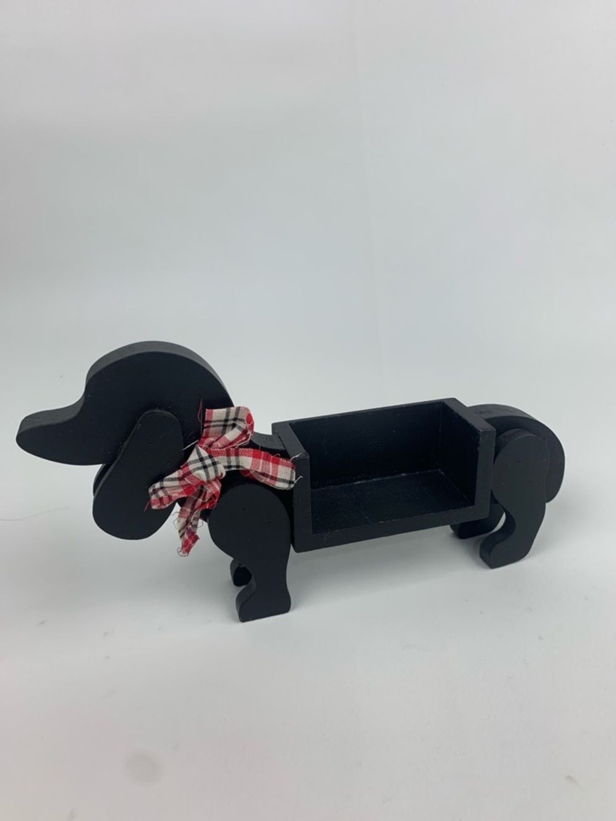 Black Dachshund Wooden Trinket Dish decoration with red Plaid Bow