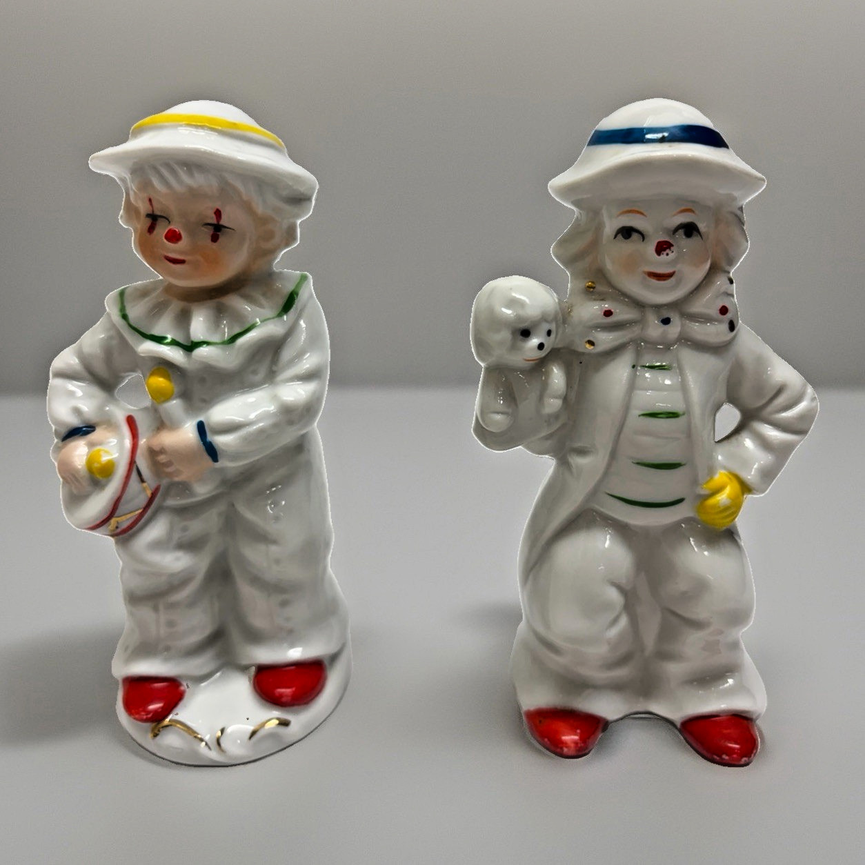 Vintage Japanese Porcelain Clown Figurines Pair Unmarked Mid Century 1950s 60s