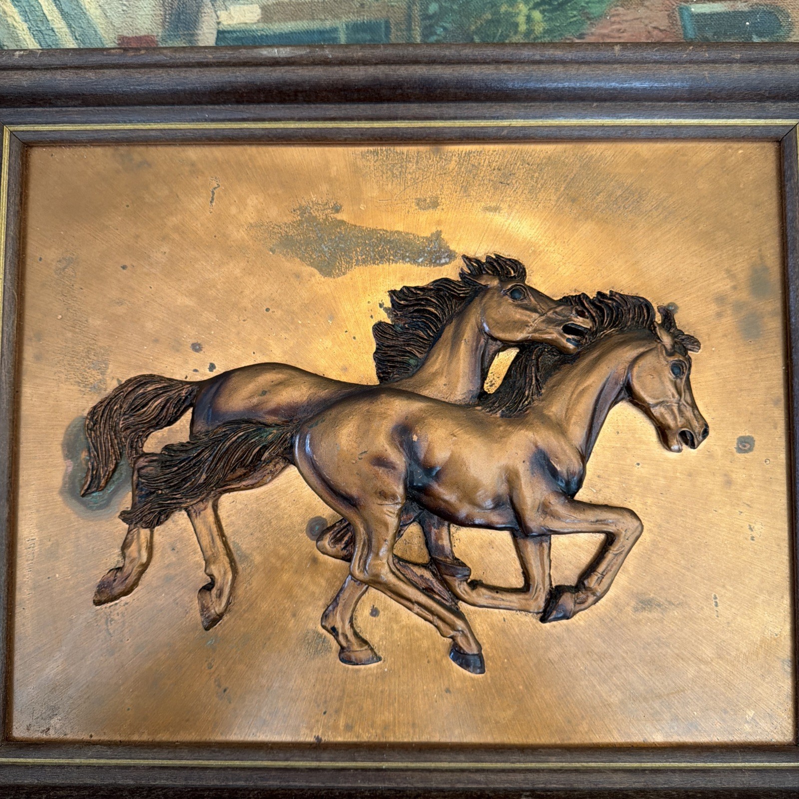 Framed Copper Equestrian Running Horses In Relief 16 X 13″ Professionally Frame