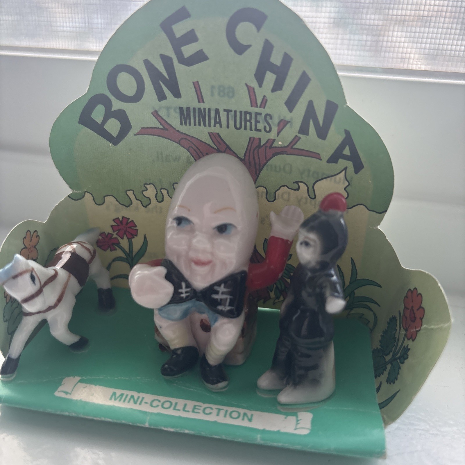 Vintage Mini Bone China Nursery Rhyme Figurines Humpty Dumpty 3pc Set